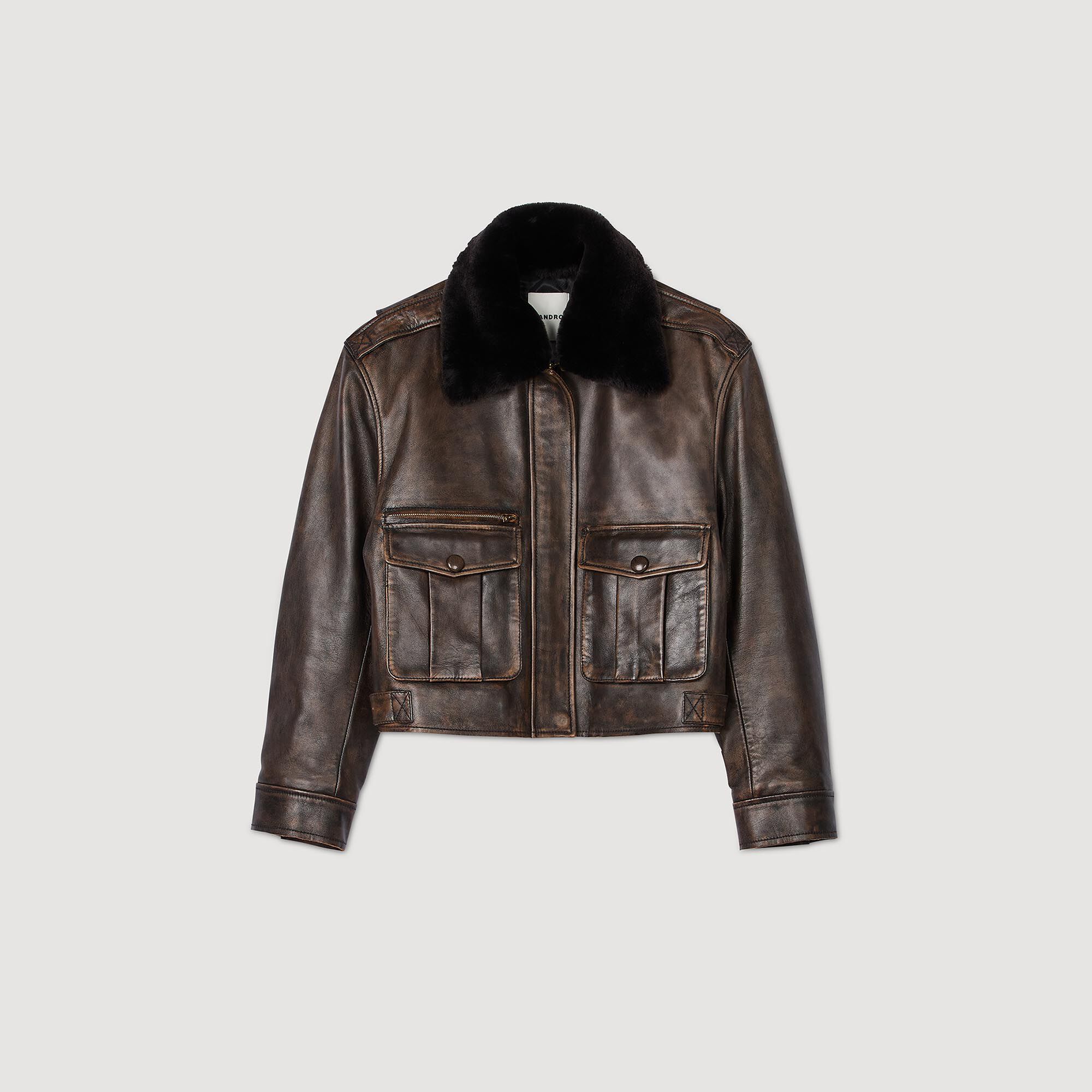 Distressed leather jacket brown For Women | Sandro Paris