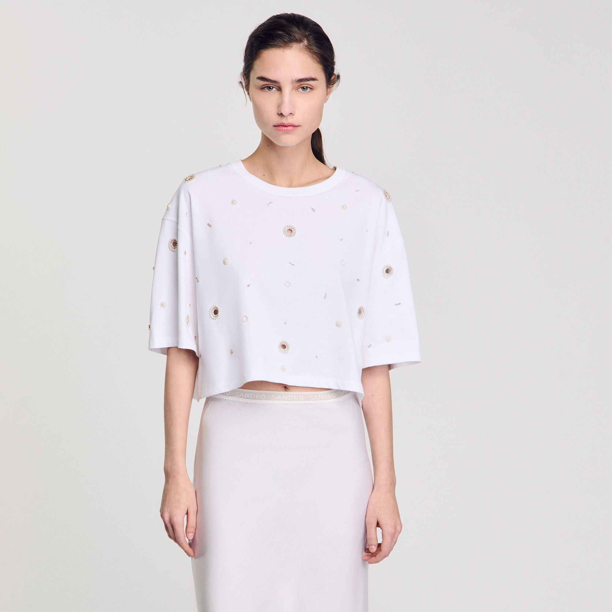 Cropped pearl bead T-shirt white / beige For Women | Sandro