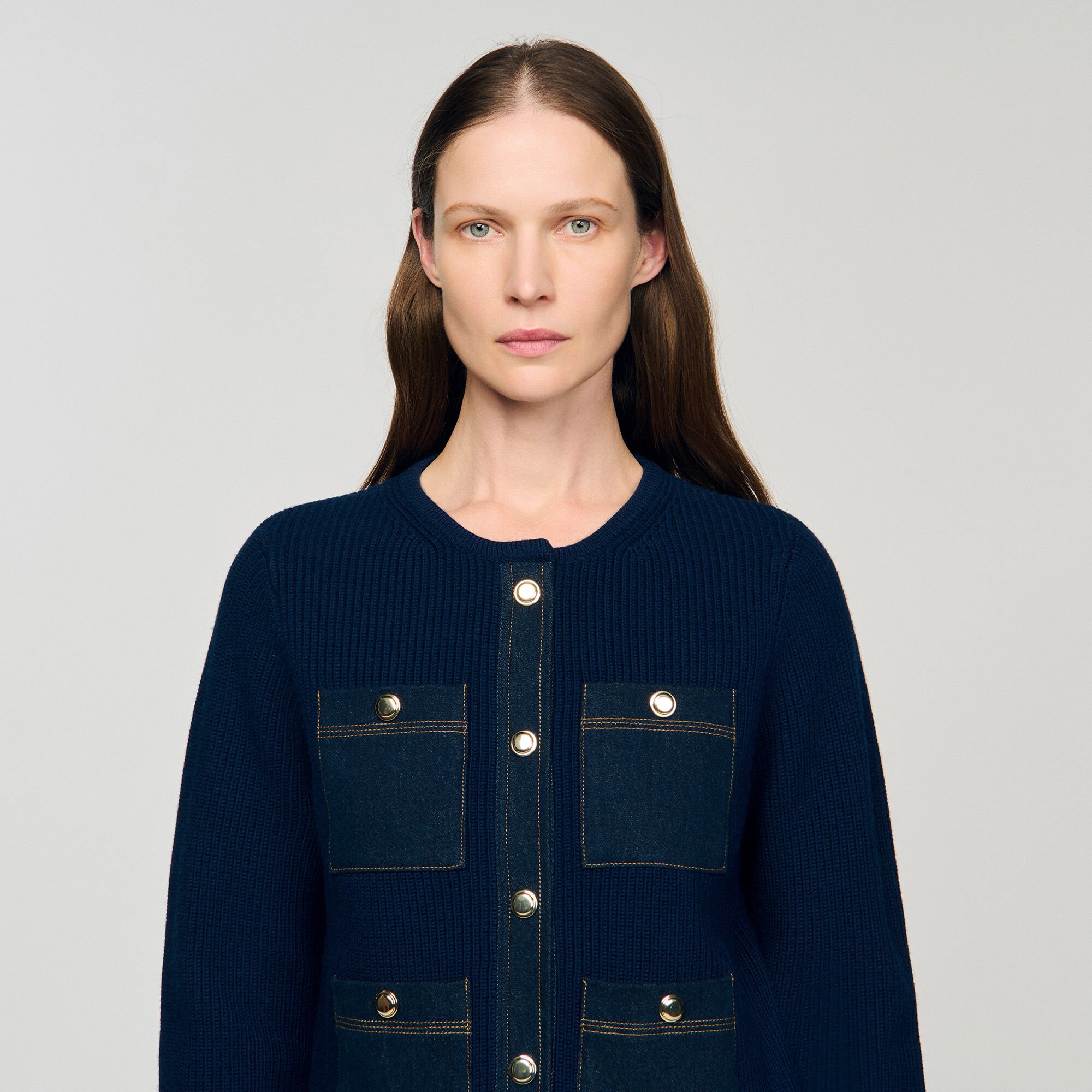 Cardigan with denim details blue For Women | Sandro Paris