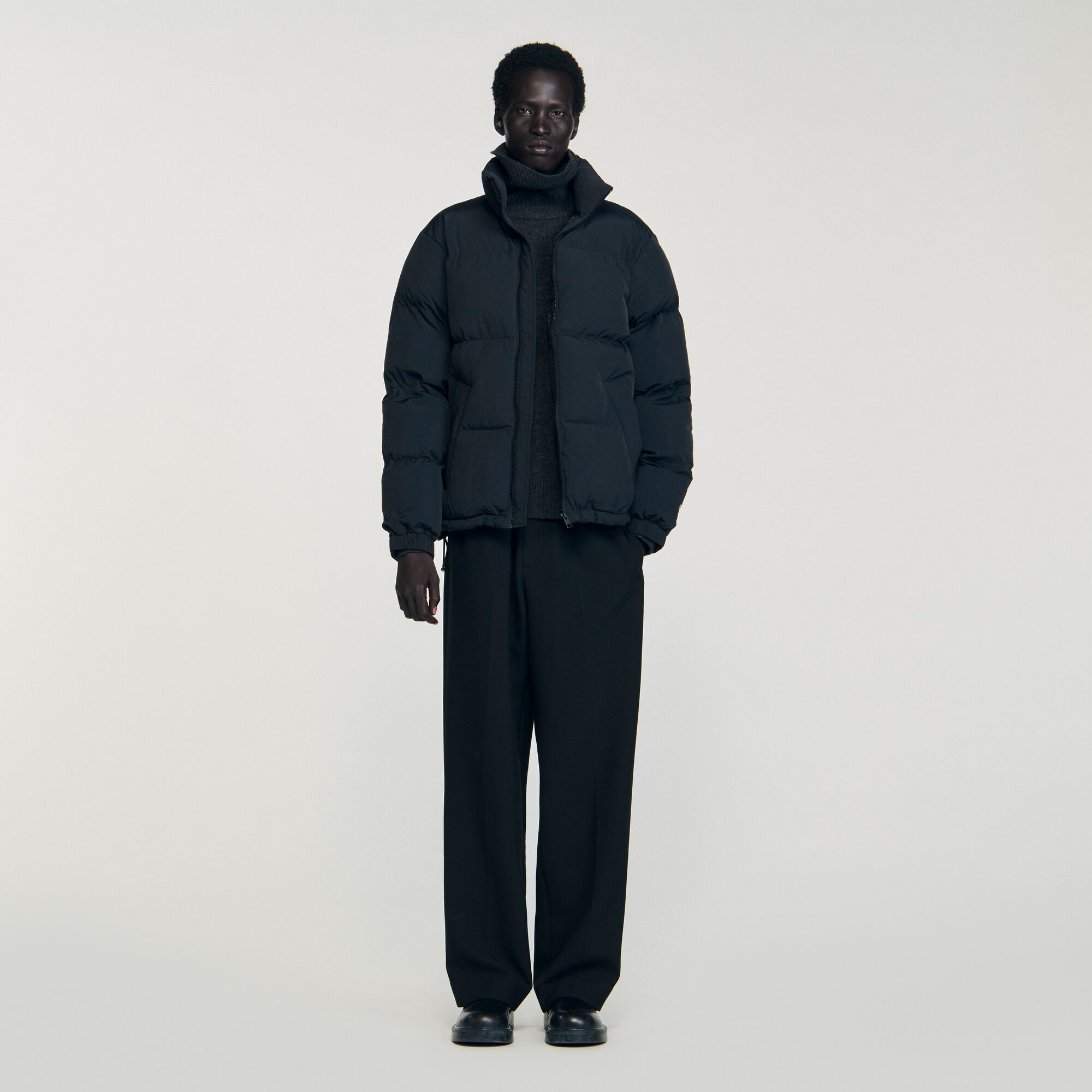Hooded puffer with high collar