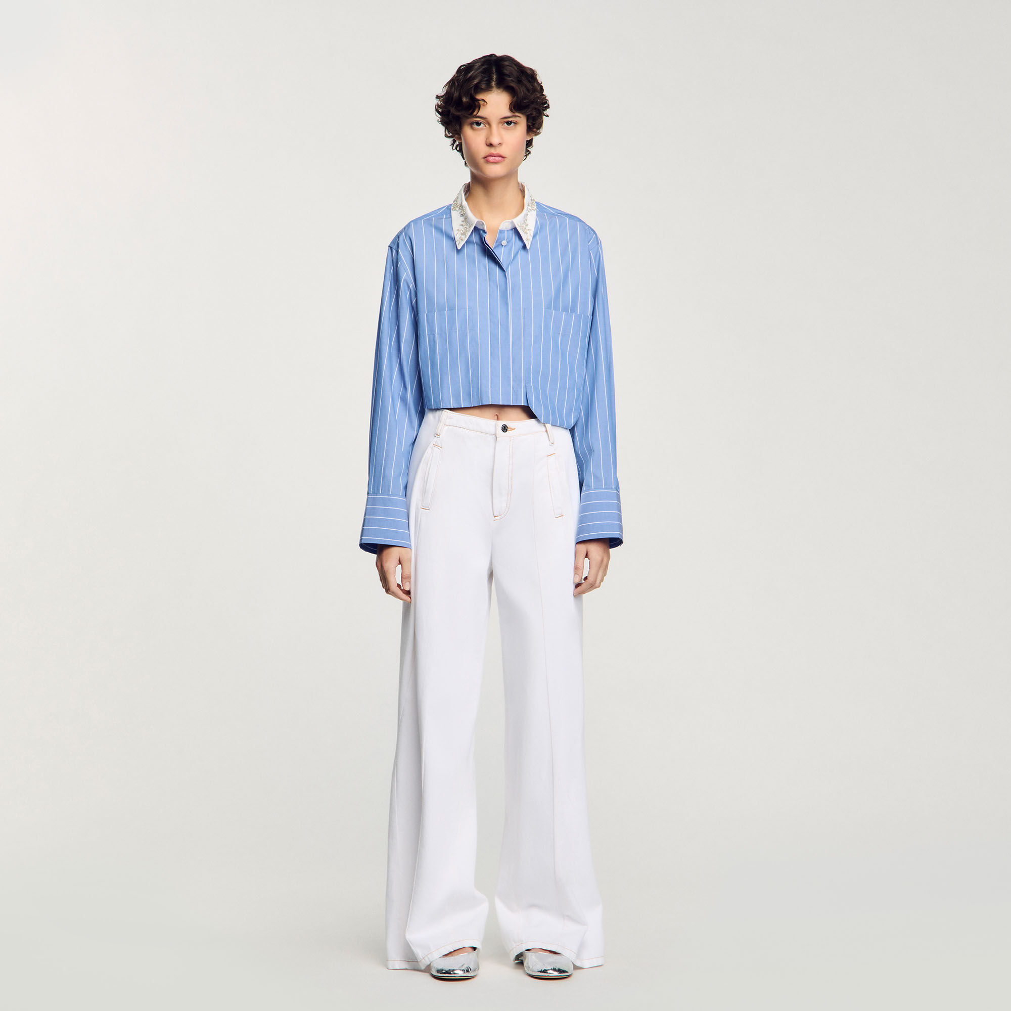 Striped cropped shirt with rhinestone