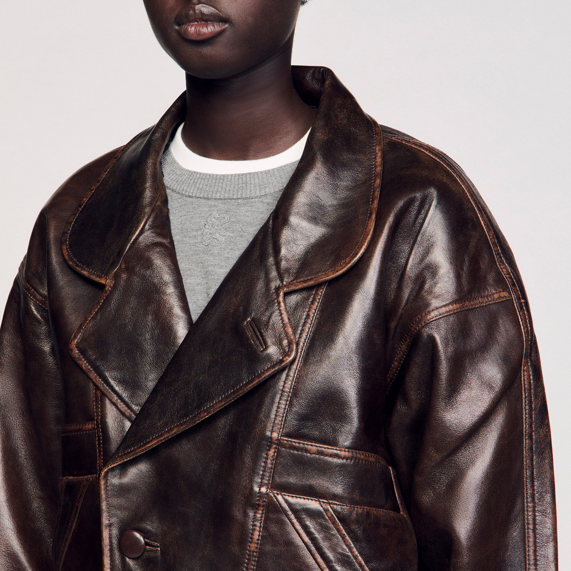 Oversized leather jacket brown For Women | Sandro Paris Oversized leather jacket brown For Women | Sandro Paris