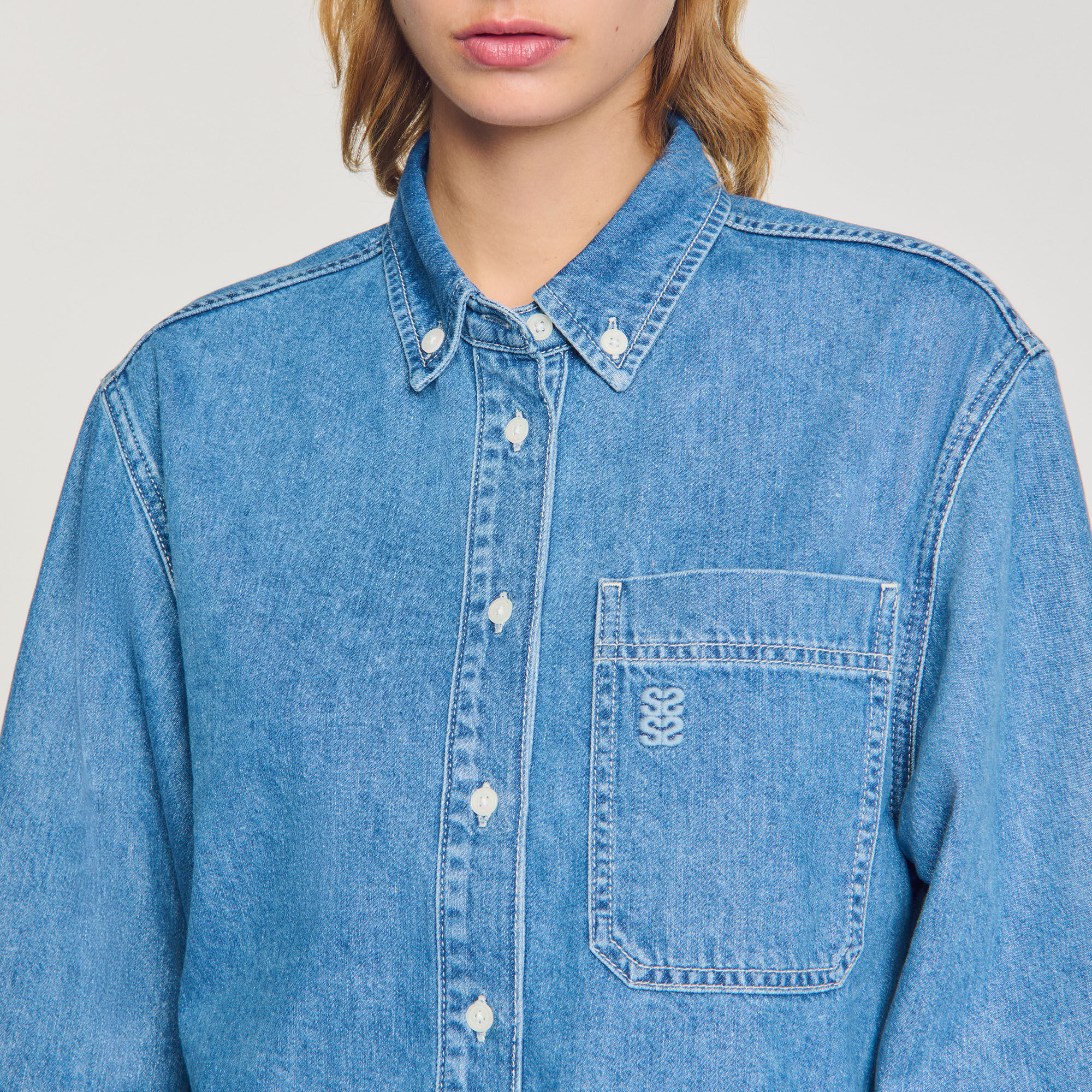 Denim cropped shirt blue For Women | Sandro Paris