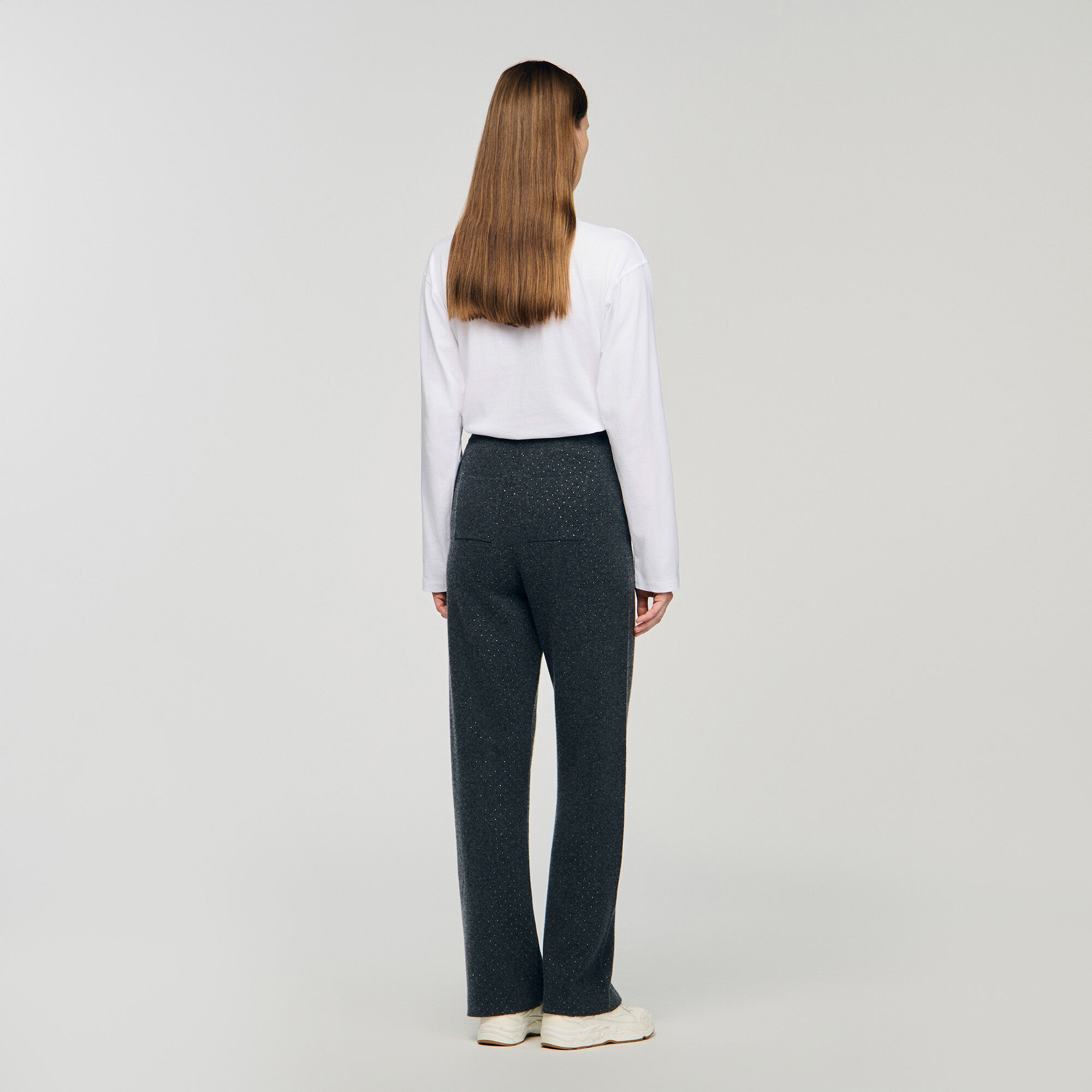 Knit rhinestone-covered trousers