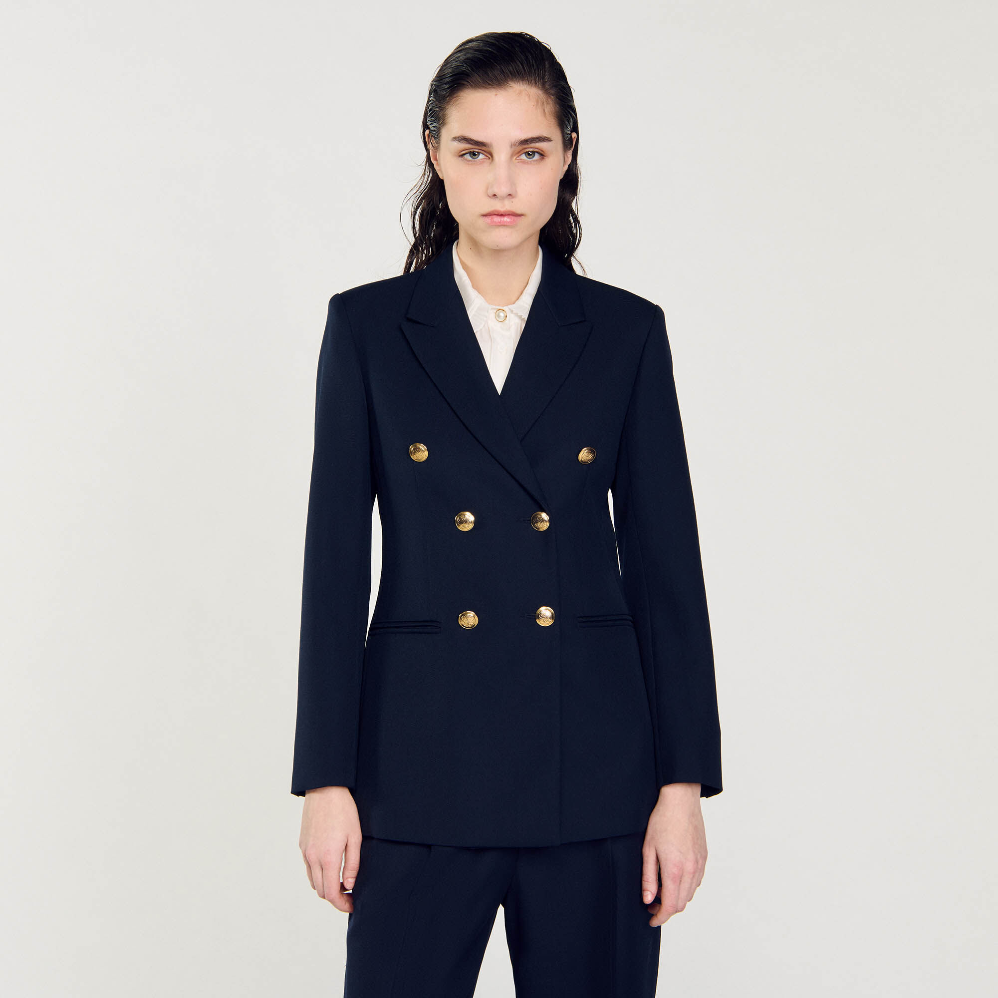【海外限定】Sandroブレザー☆Double-Breasted Notch-Lapel Line Double-breasted suit jacket blue For Women | Sandro Paris