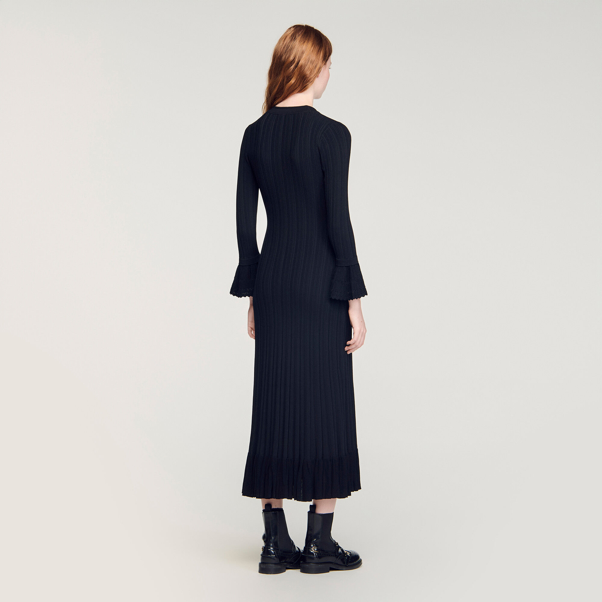 Knit maxi dress with ruffle black / gray For Women | Sandro Paris