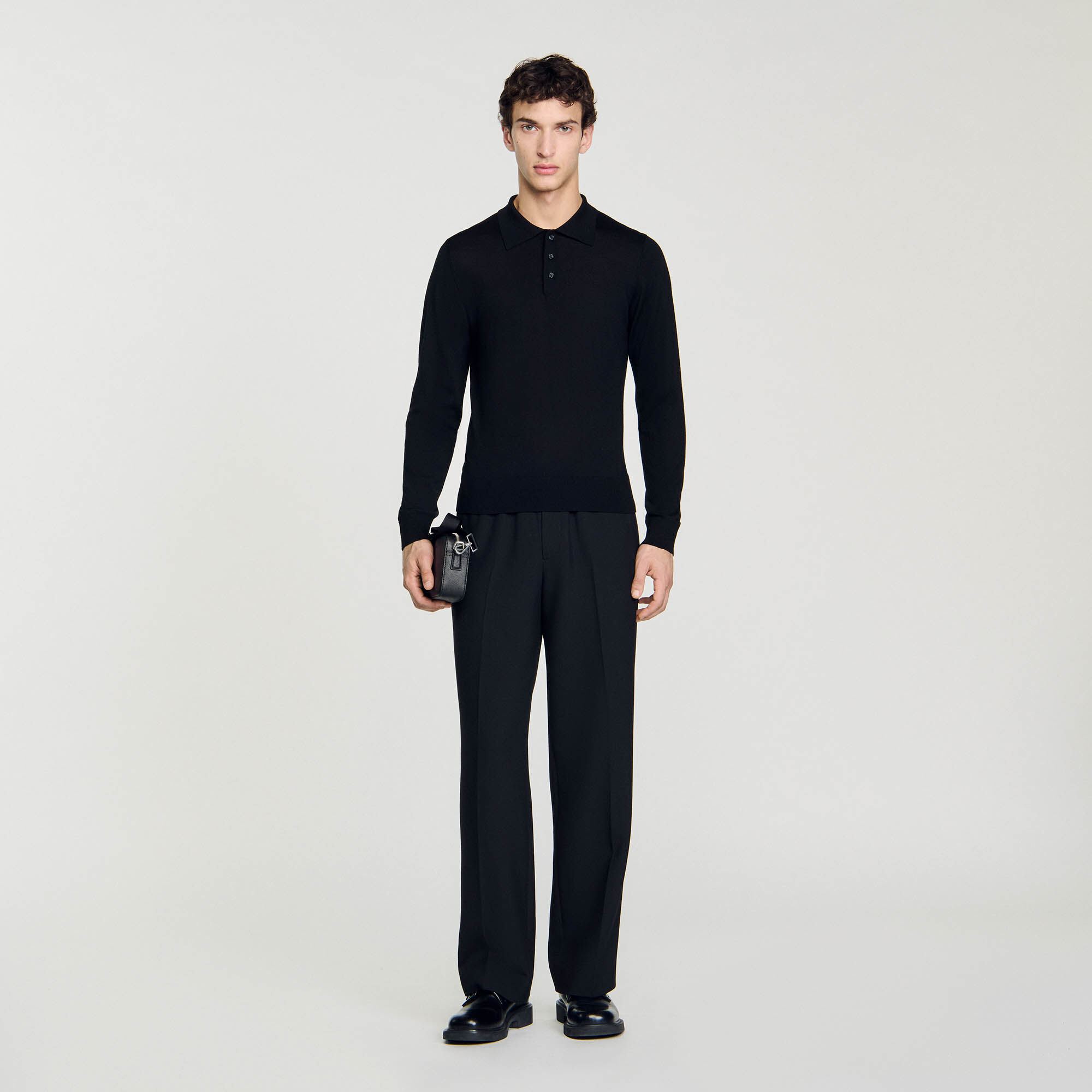 Fine knit polo shirt black gray for Men Sandro Paris