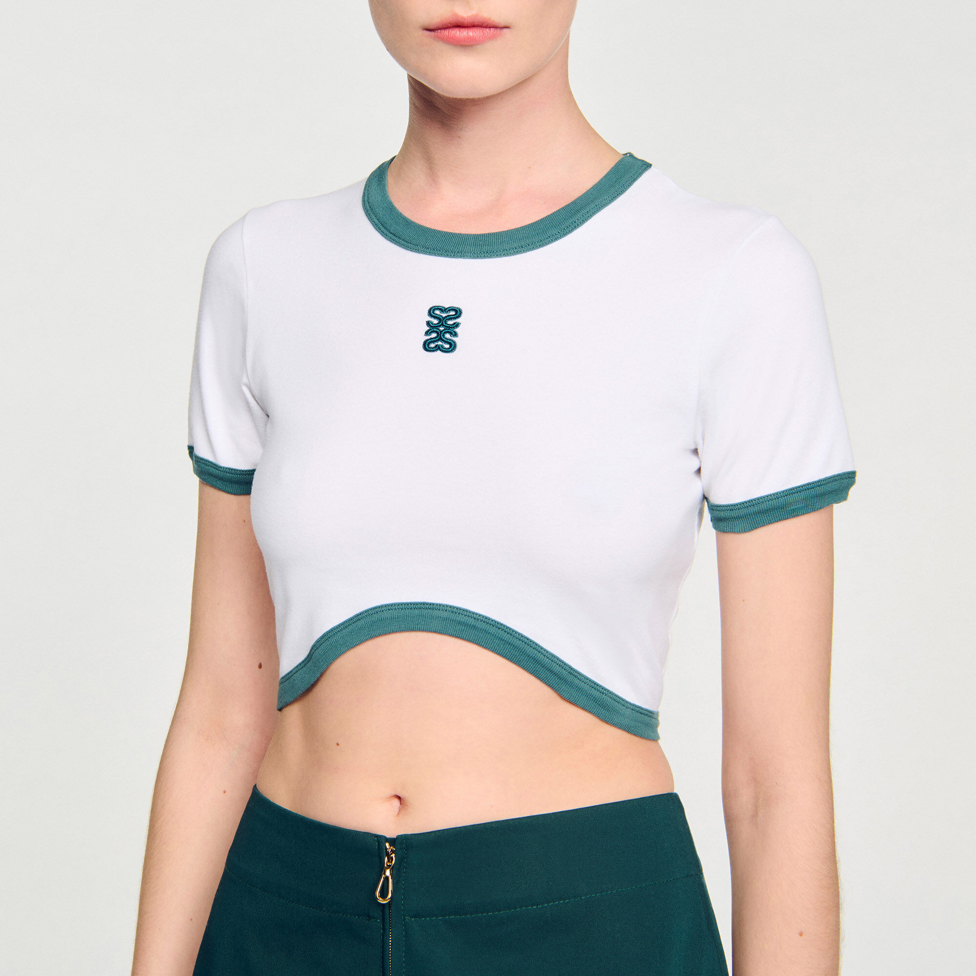 Two-tone cropped T-shirt white / beige For Women | Sandro Paris