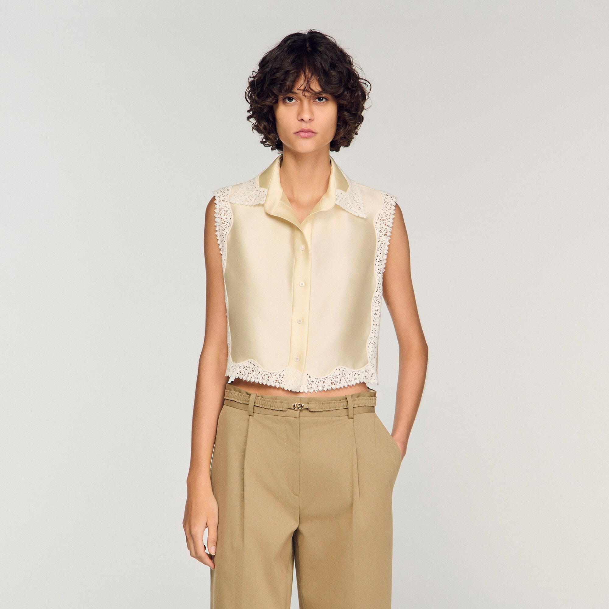 Cropped shirt with lace detail white / beige For Women | Sandro Paris