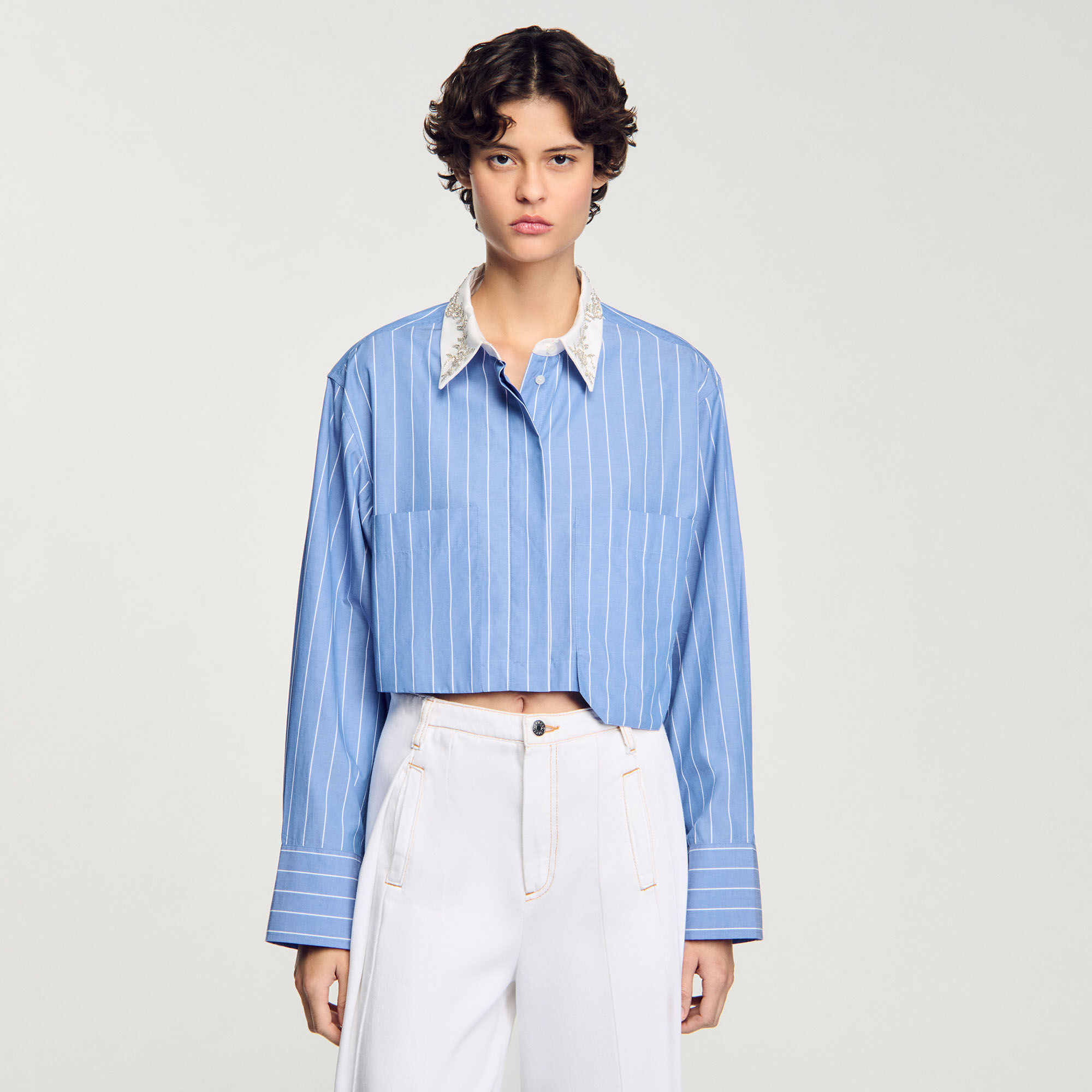 Striped cropped shirt with rhinestone