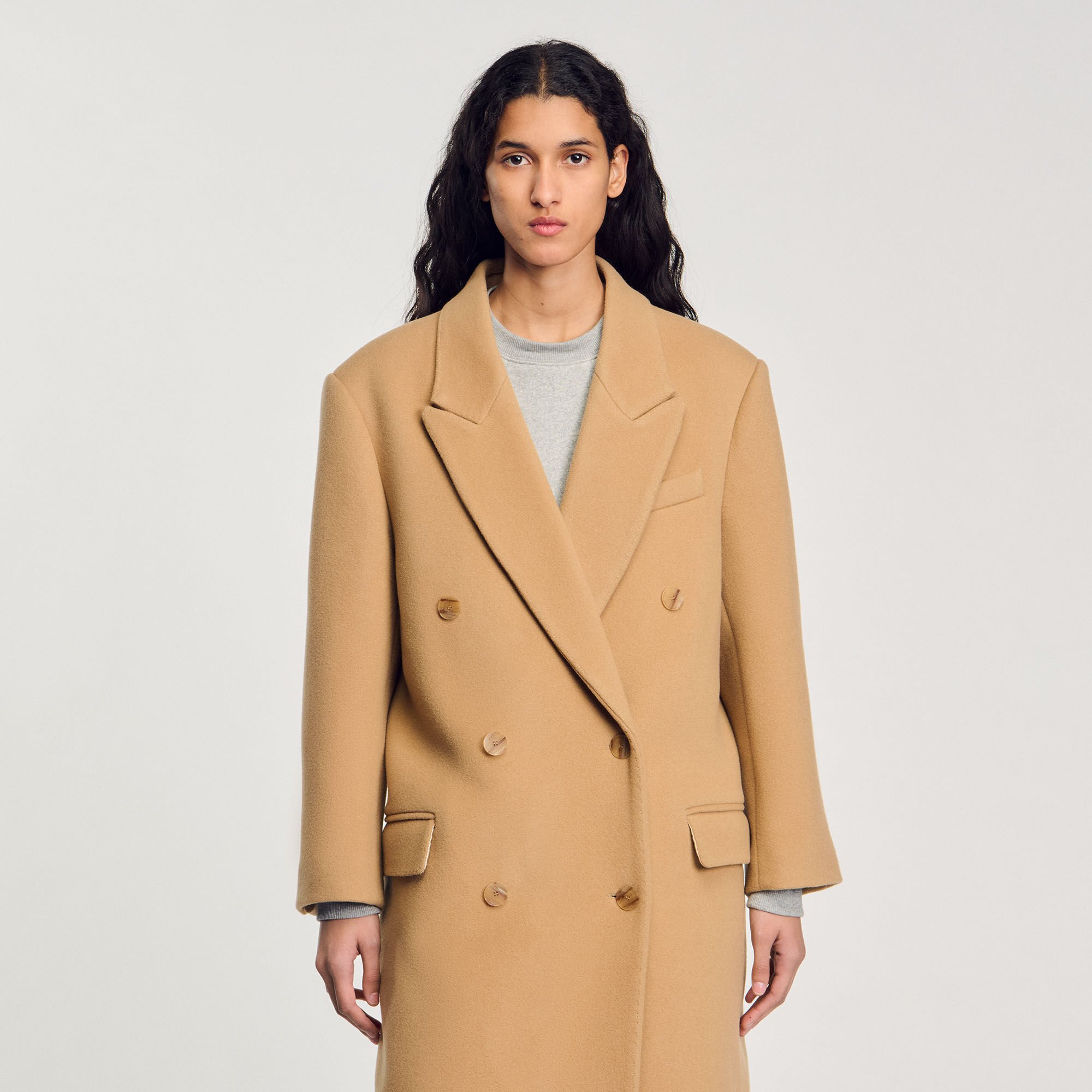 Long wool-blend coat white / beige For Women | Sandro Paris