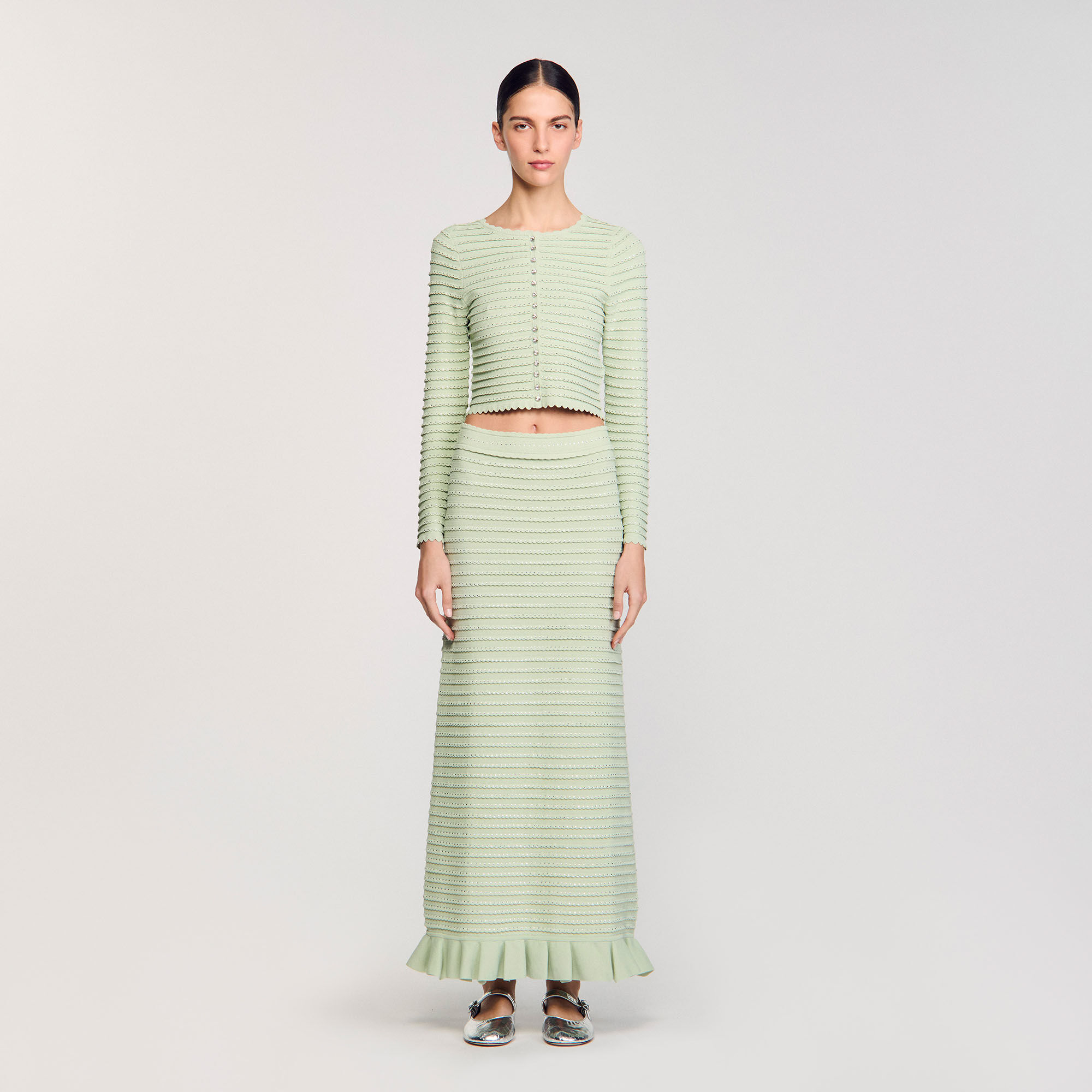 激安な Women For green skirt maxi knit Rhinestone | Paris Sandro ジャケット・アウター