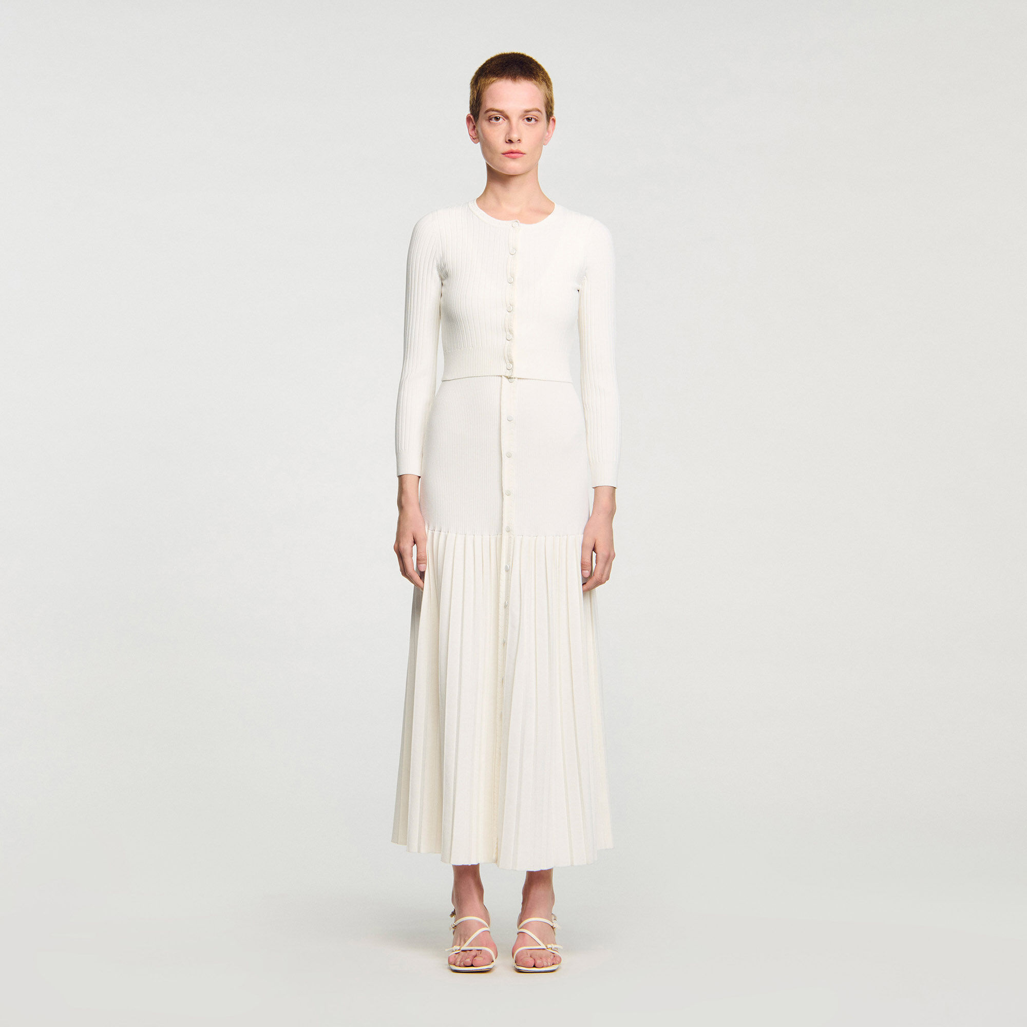 Cropped rib knit cardigan white / beige For Women | Sandro Paris