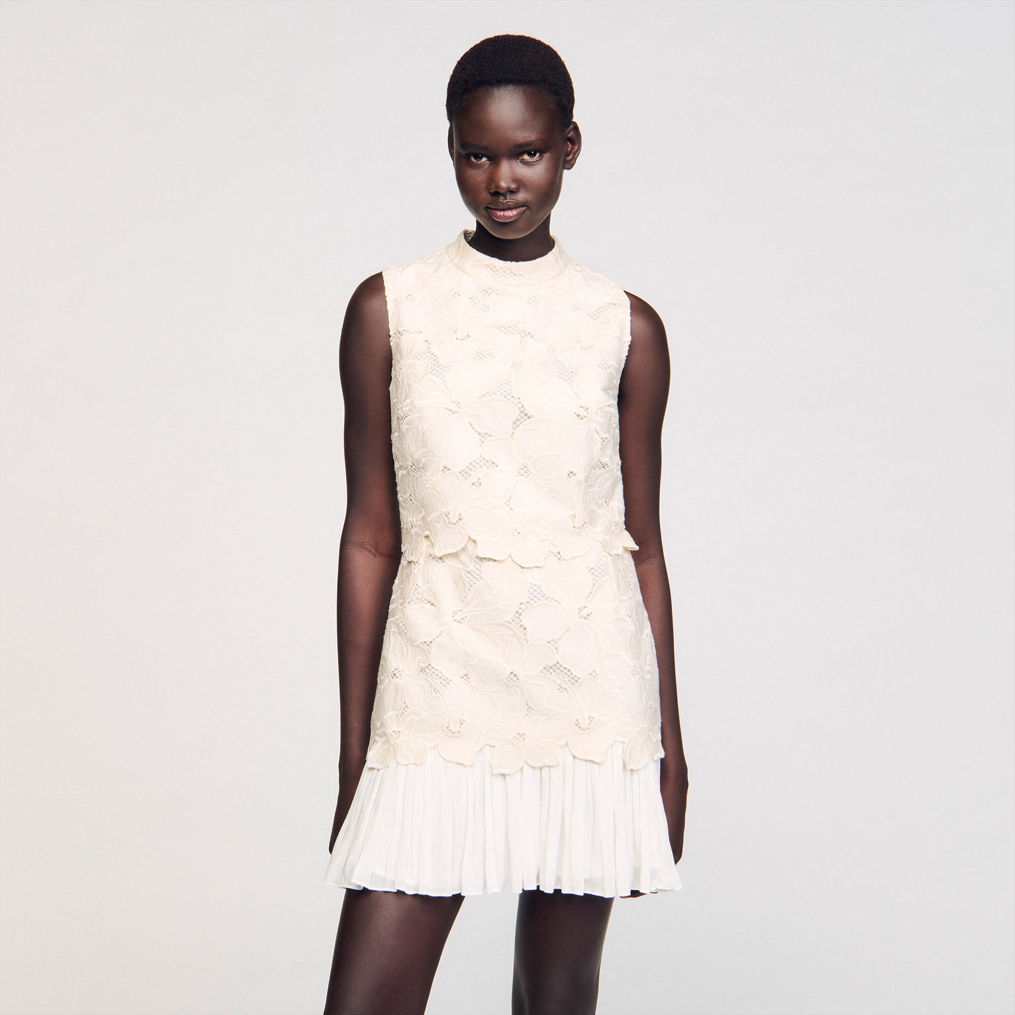Short guipure dress white / beige For Women | Sandro Paris