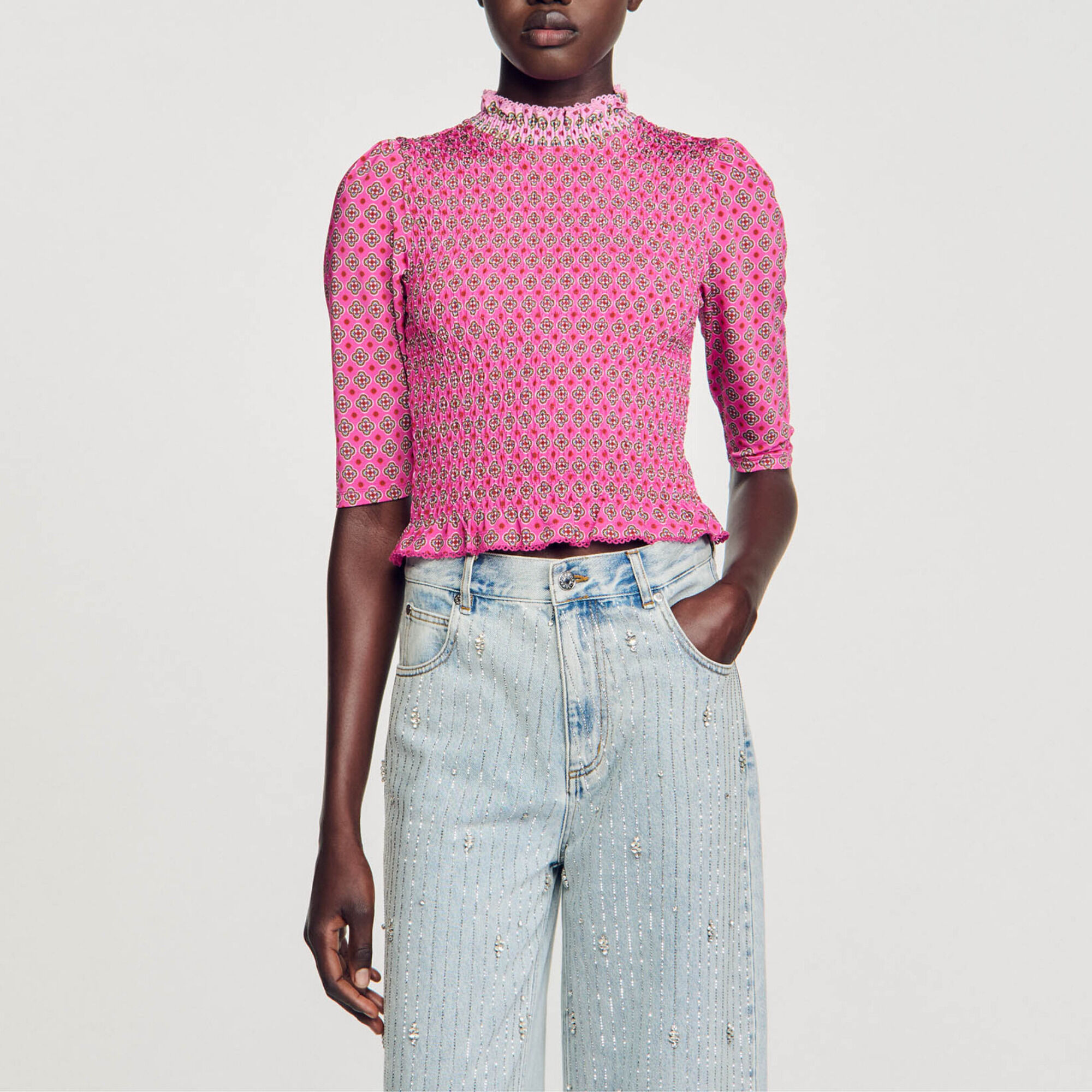 Patterned smocked T-shirt