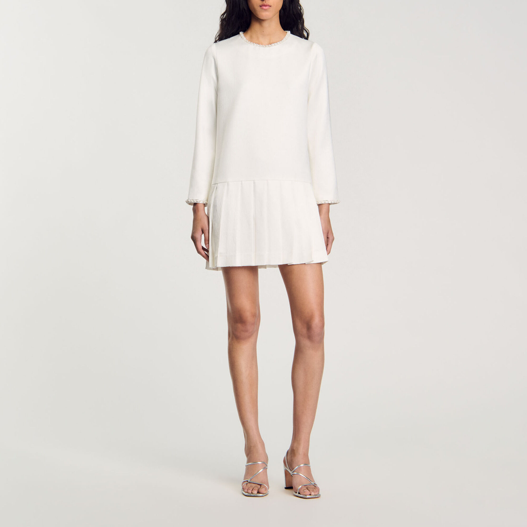 Short satin-effect beaded dress