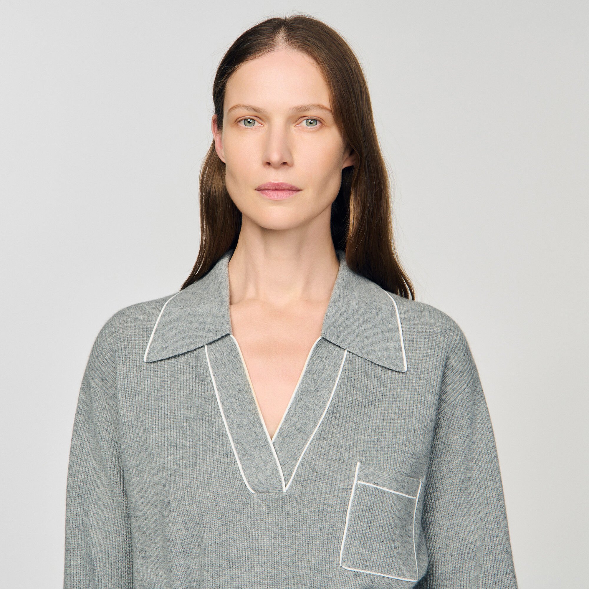 Open polo-collar neck jumper