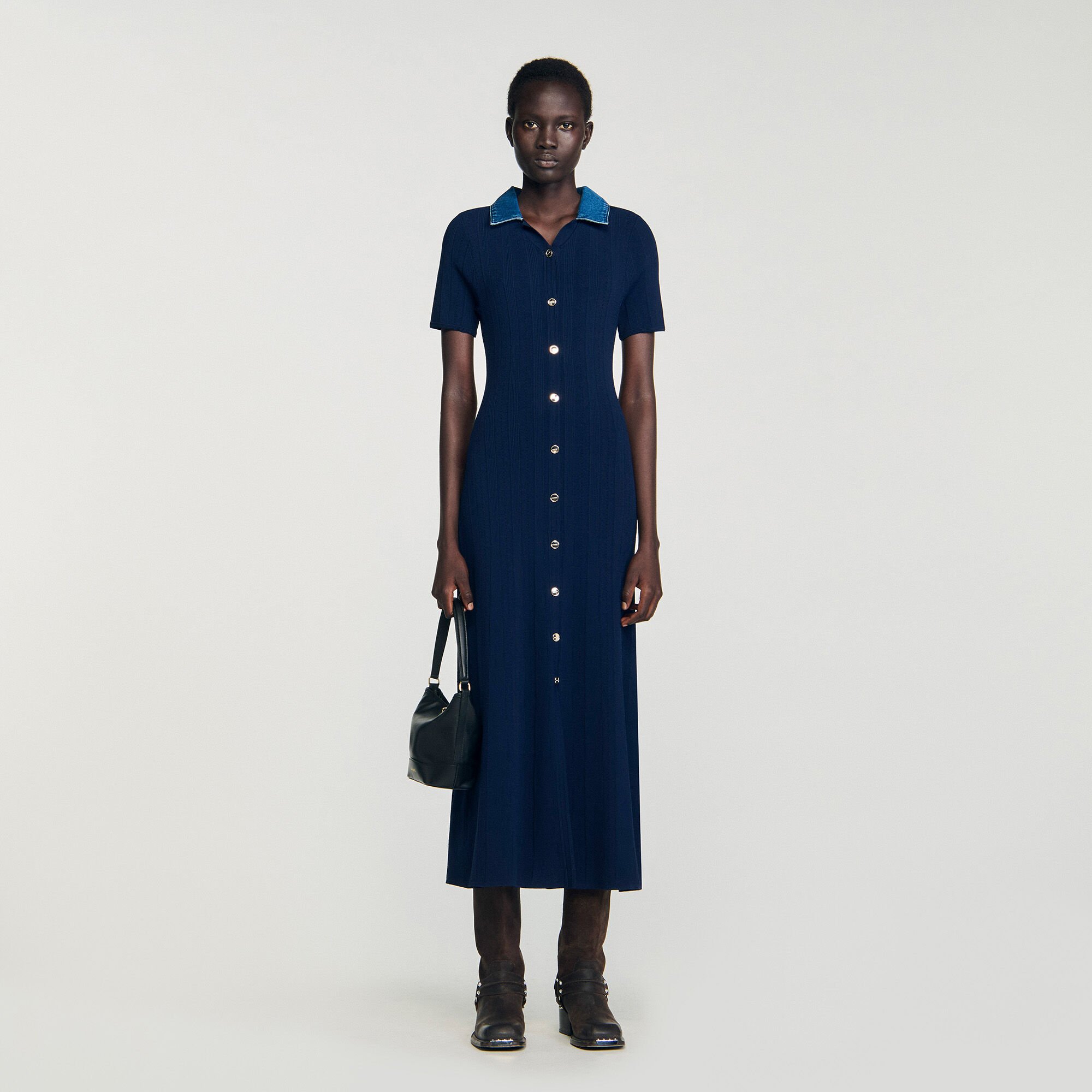 Denim collar knit maxi dress