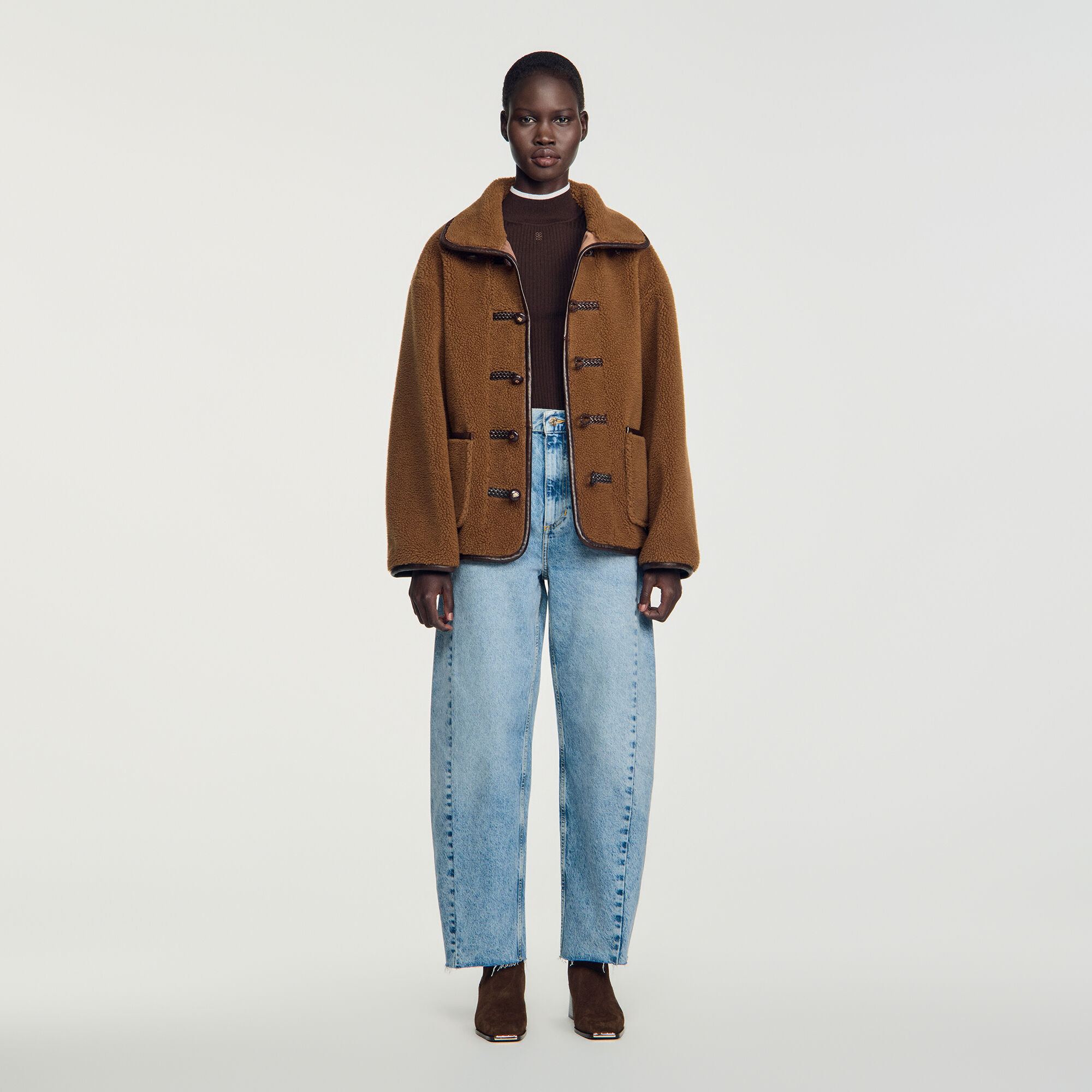 Short faux fur coat brown For Women | Sandro Paris