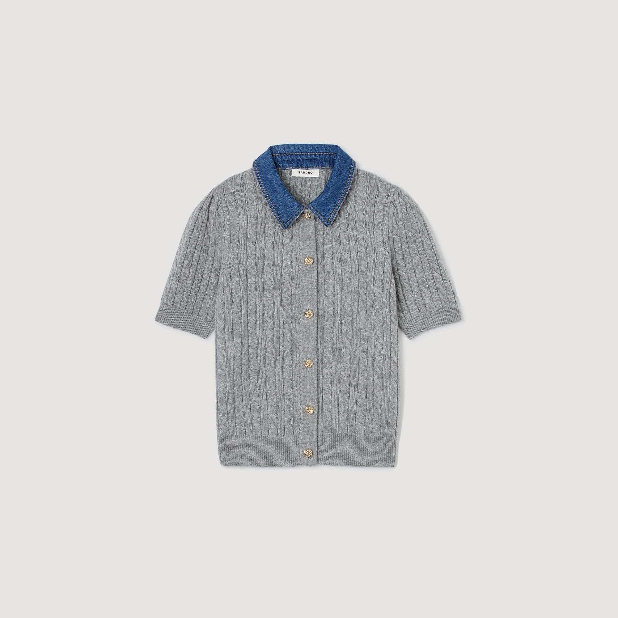 Cardigan with denim collar