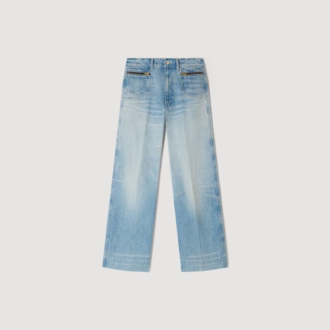 Faded straight zipped cotton jeans