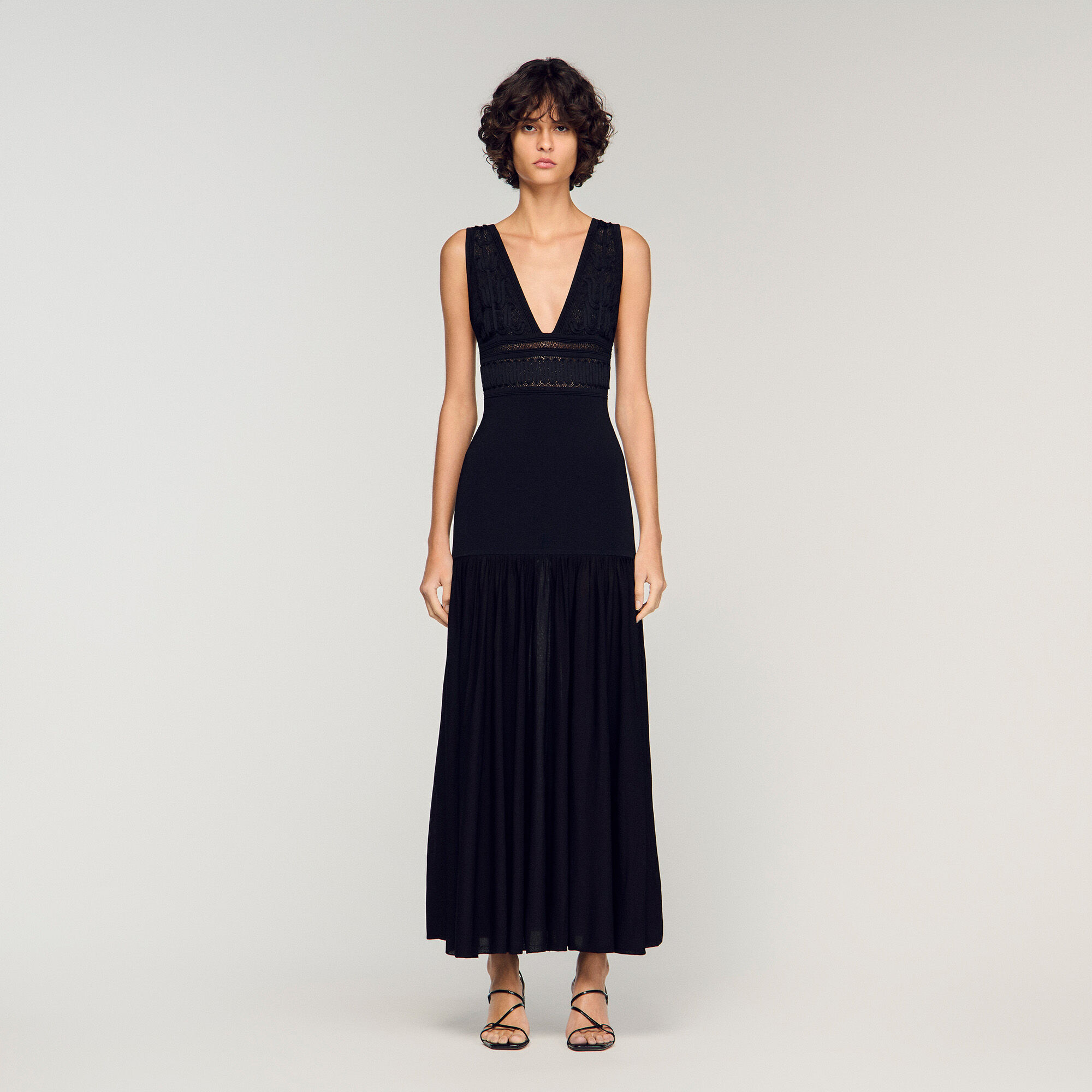 Ruffled knit maxi dress black / gray For Women | Sandro Paris