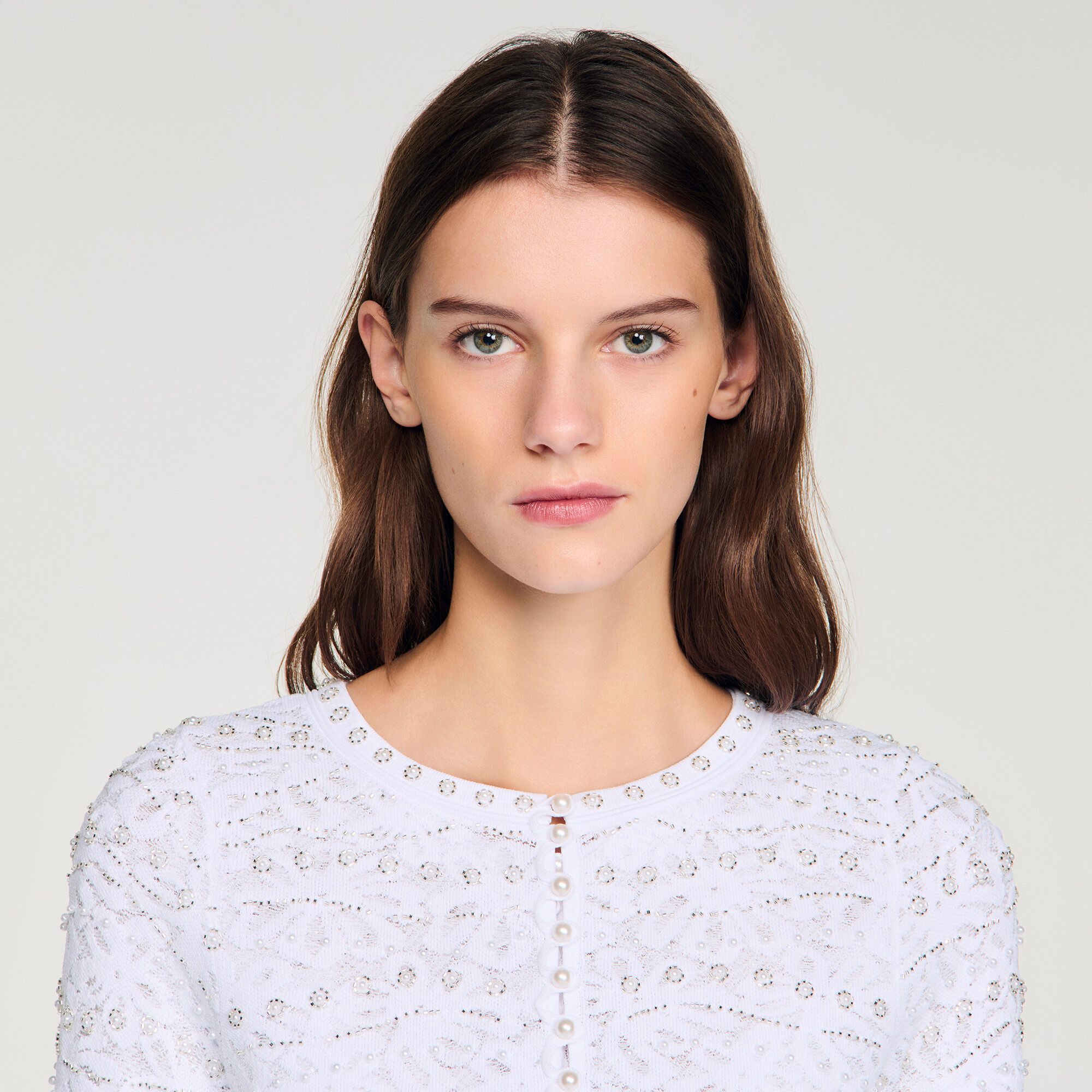 Cropped pearl cardigan white / beige For Women | Sandro Paris