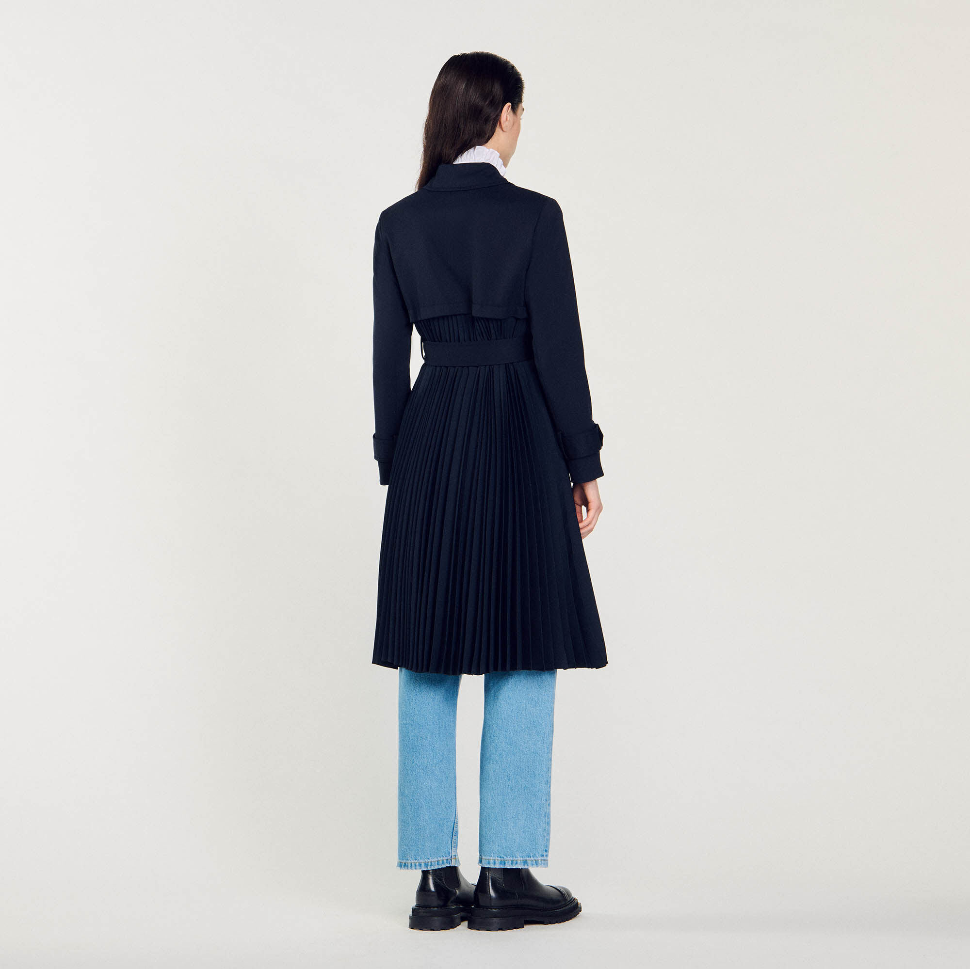 Trench coat with pleated inset blue For Women | Sandro Paris