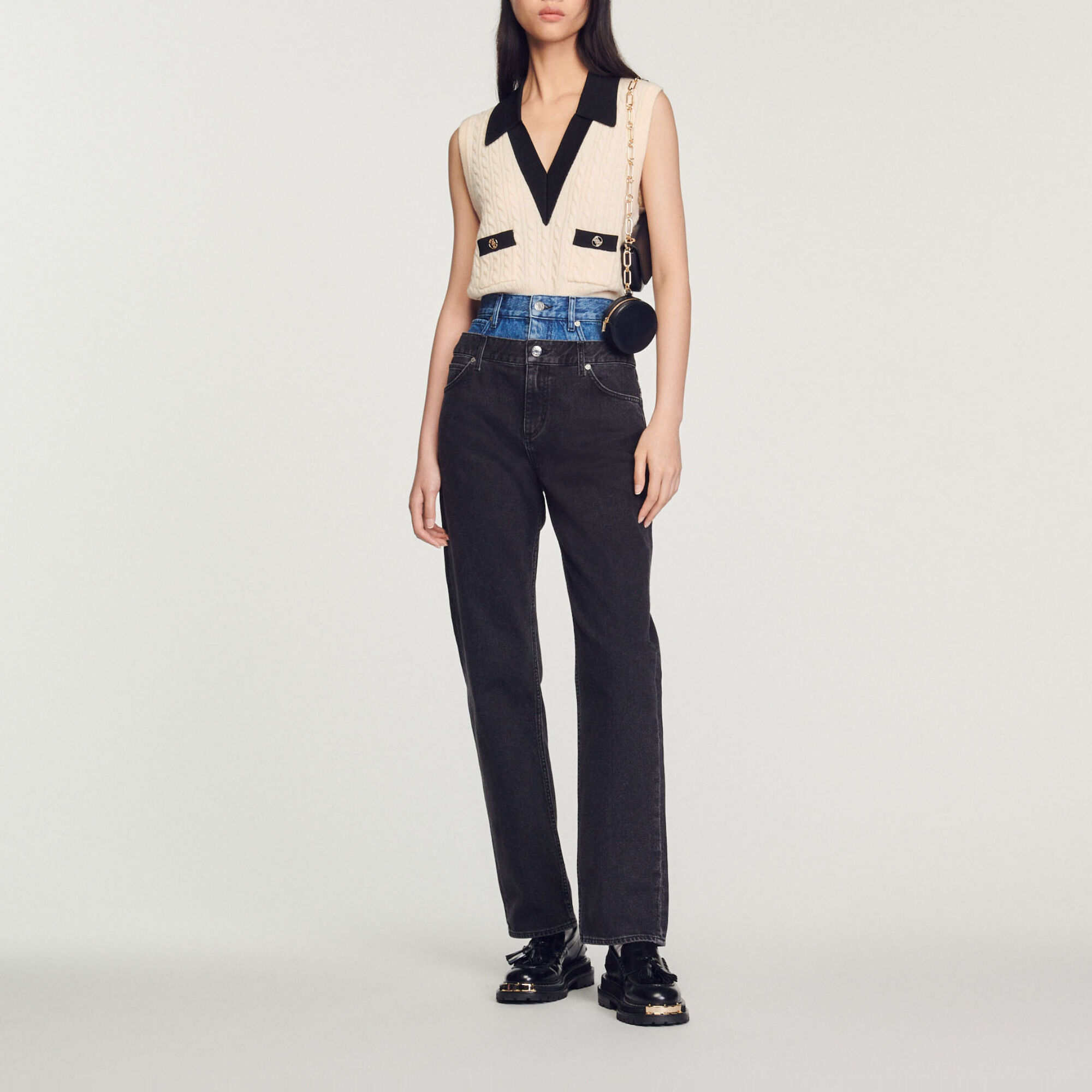 Two-tone double-waisted jeans