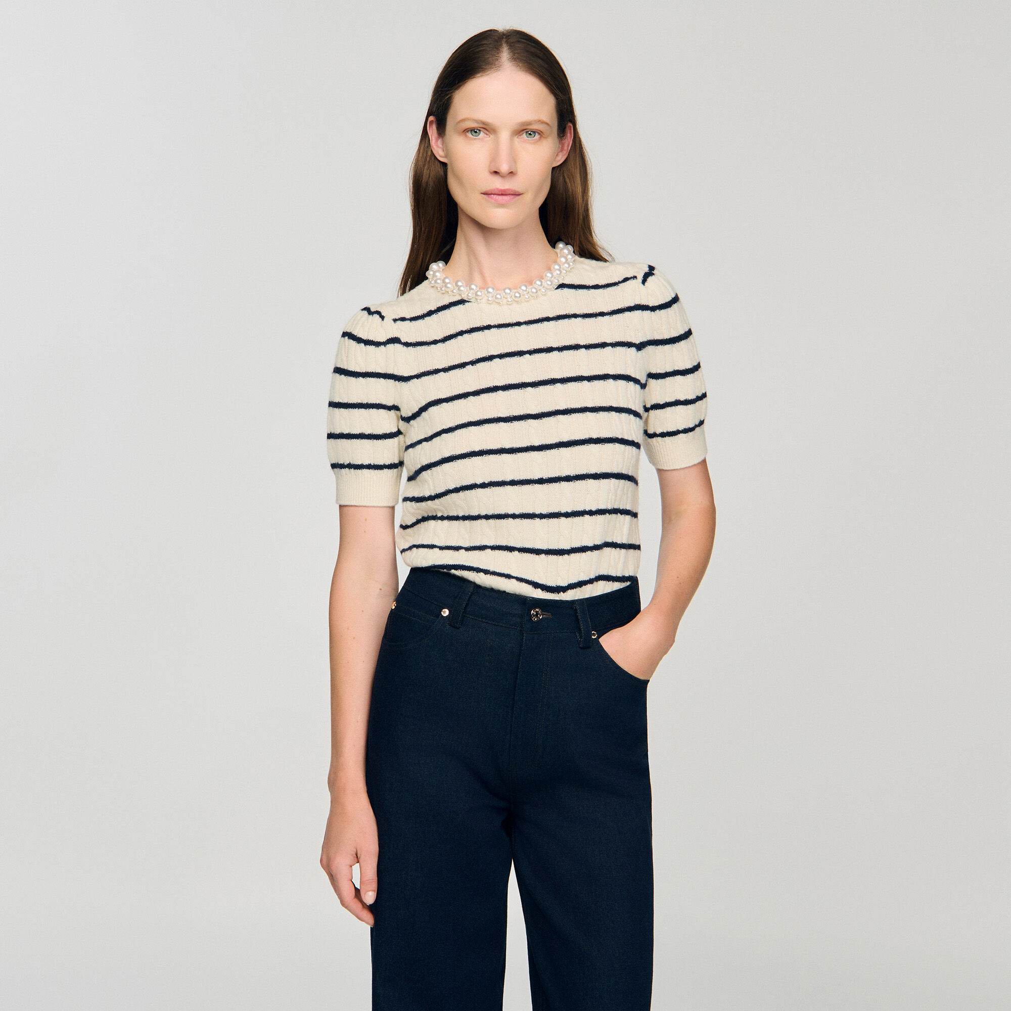 Striped jumper with pearl collar white / beige For Women | Sandro
