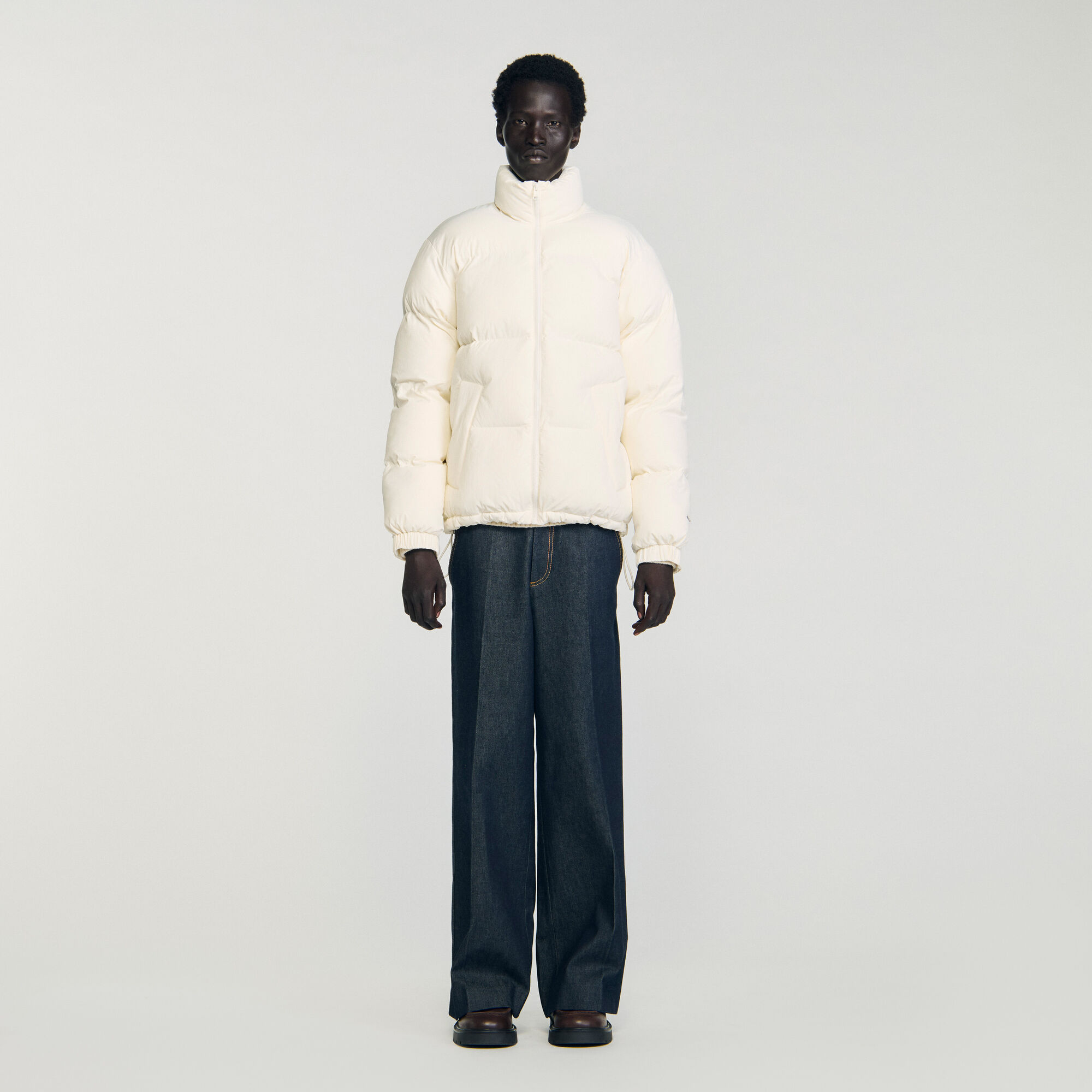 Hooded puffer with high collar