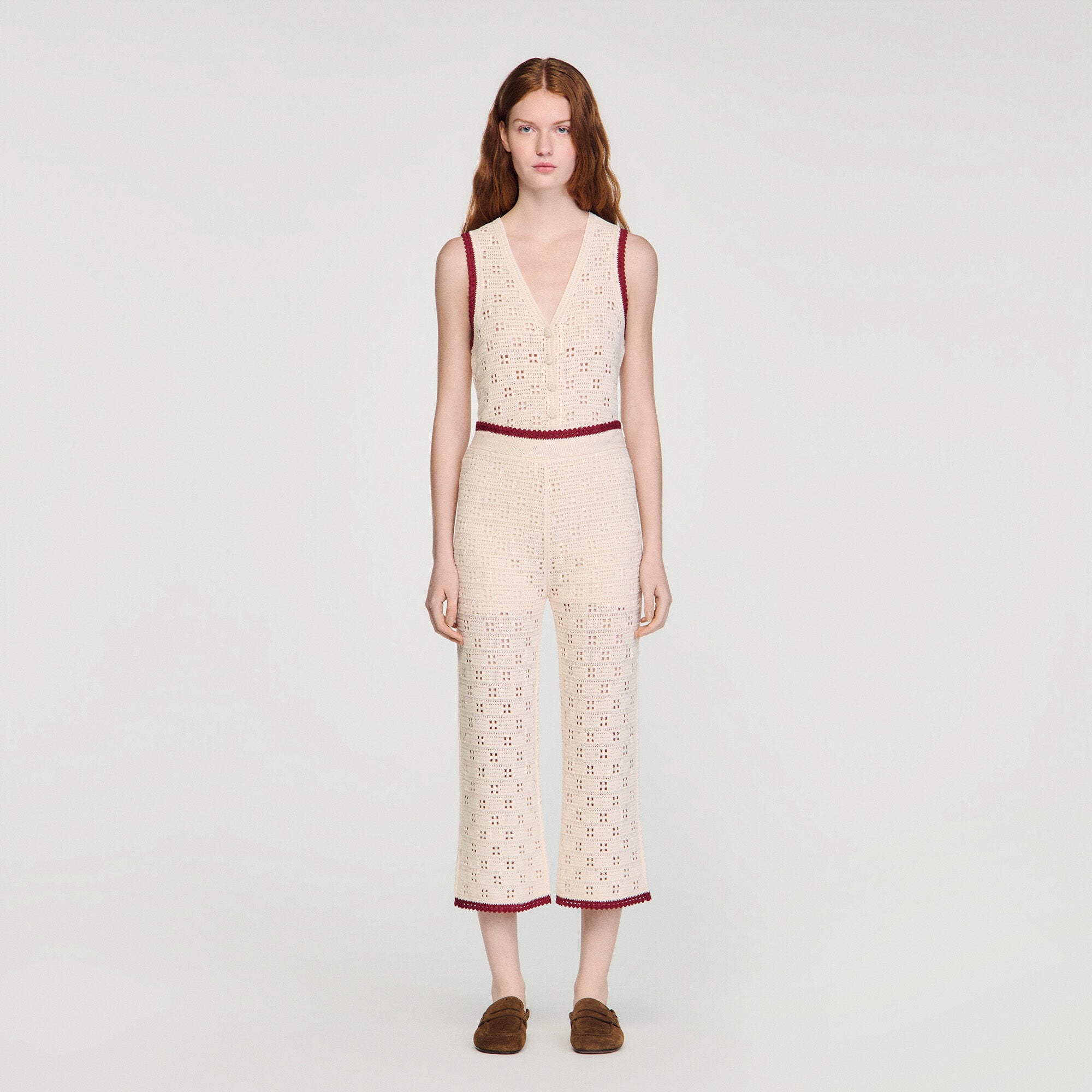Crochet-look knit trousers