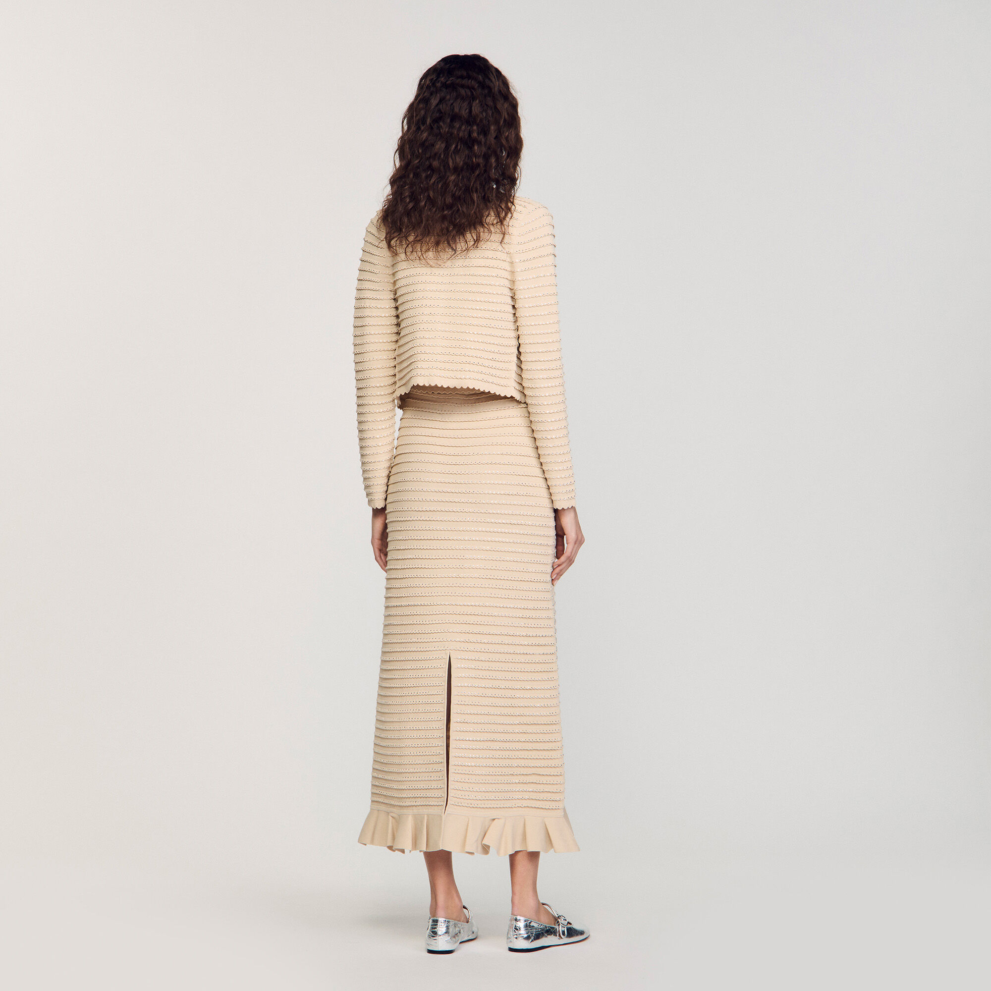 【海外限定】Sandroスカート☆Rhinestone-Embellished Pleated S Rhinestone knit maxi skirt green For Women | Sandro Paris
