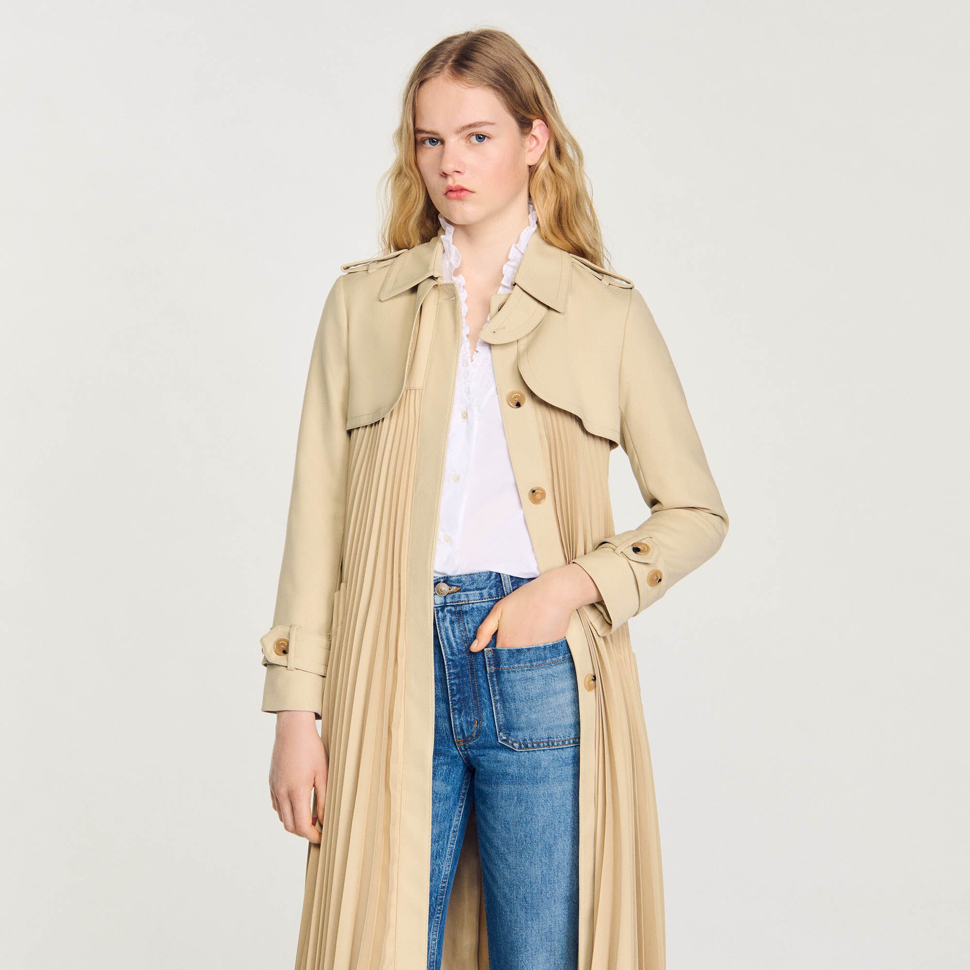 Pleated trench coat with belt white / beige For Women
