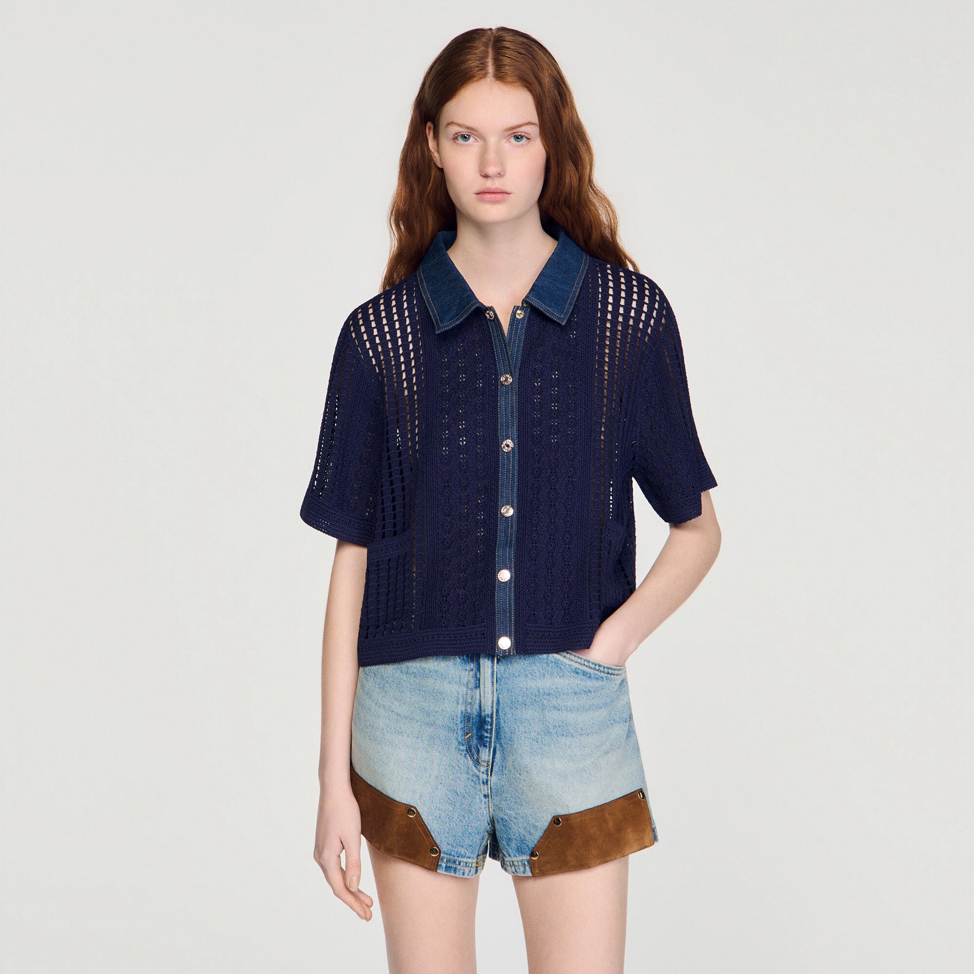 Crochet and denim cardigan blue For Women | Sandro Paris