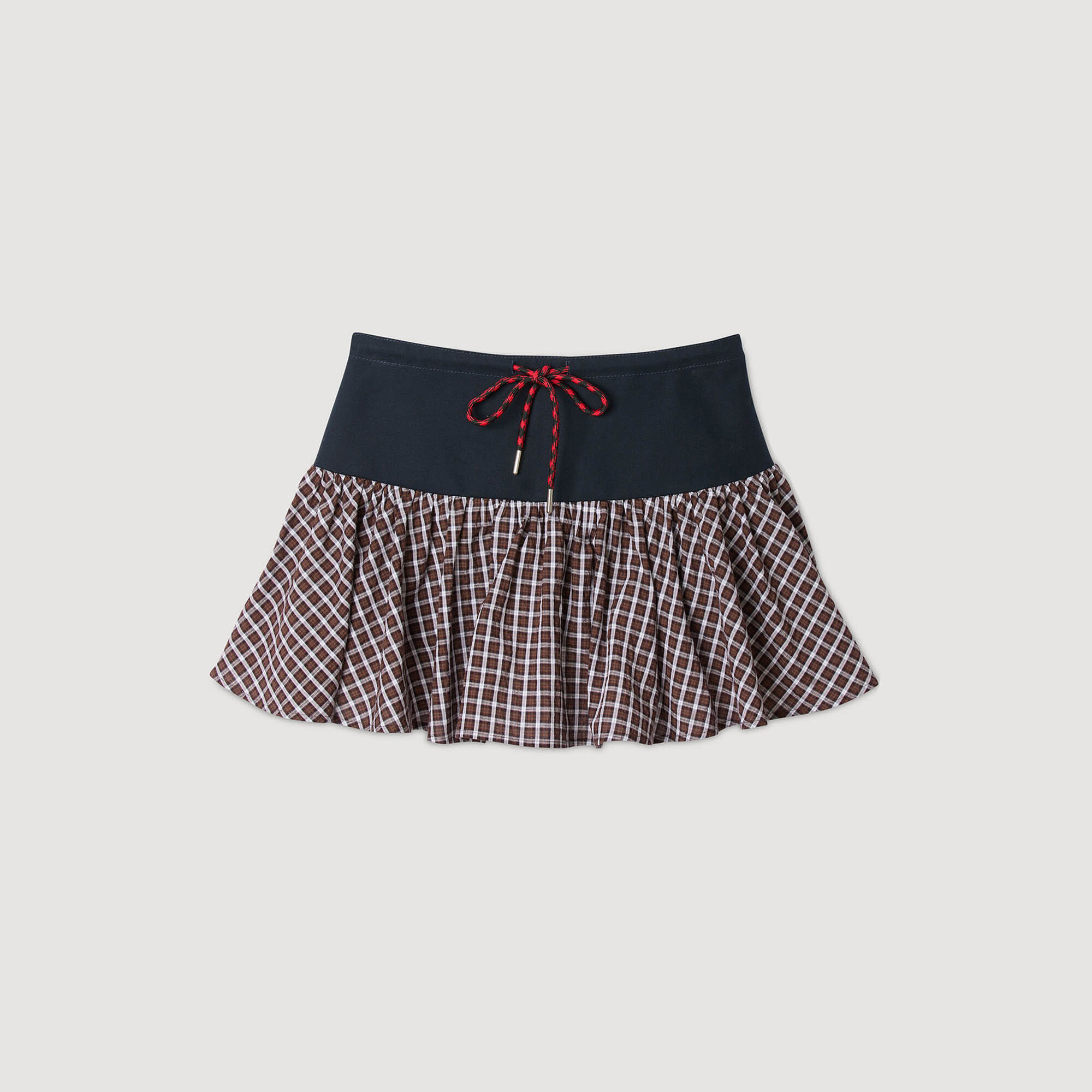 【海外限定】Sandroスカート☆Drawstring-Waist Pleated Checked Checked skort brown For Women | Sandro Paris