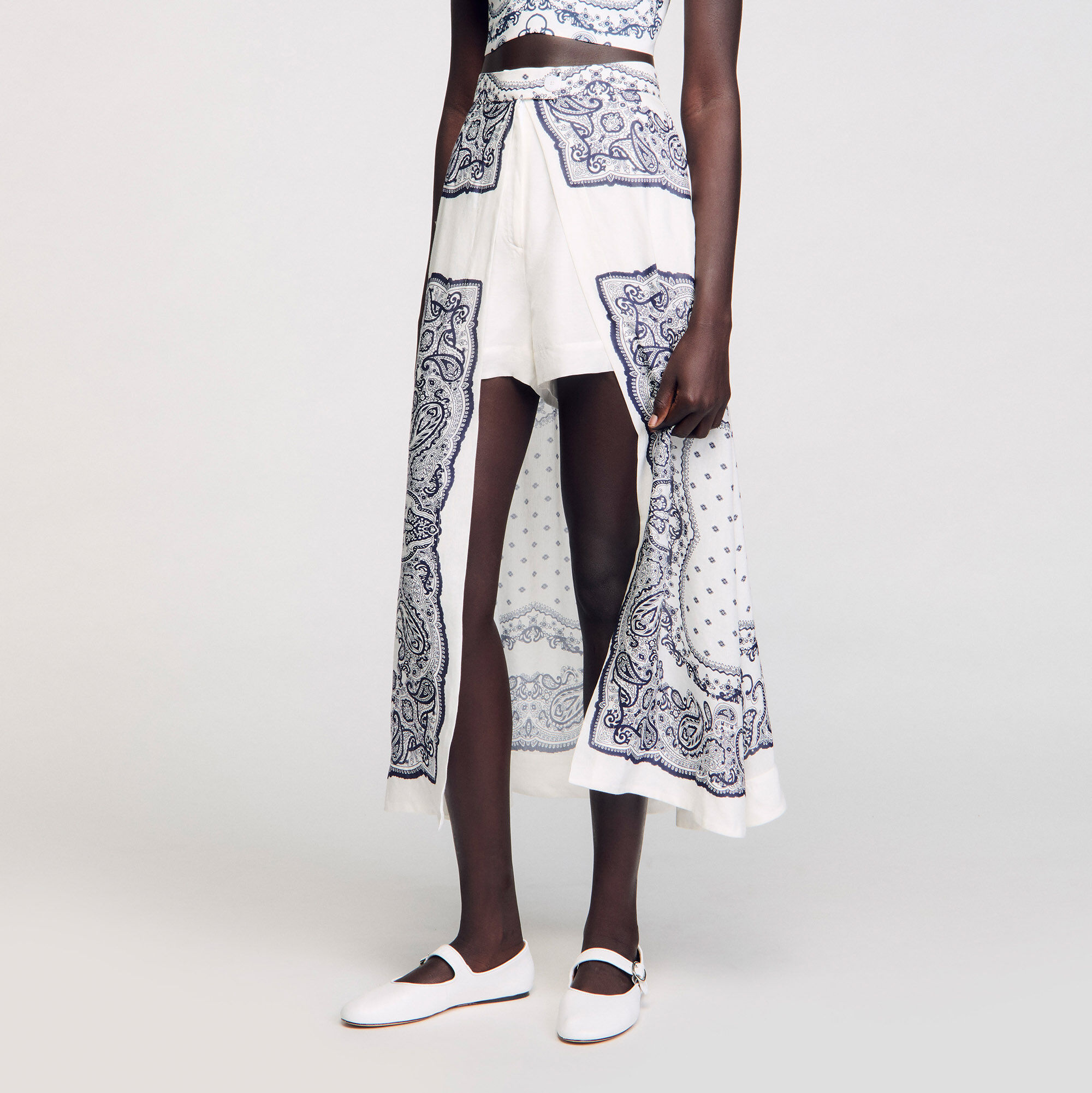 【海外限定】Sandroコットンスカート☆Stripe-Print Flared Cott Spiral-motif maxi skirt blue For Women | Sandro Paris