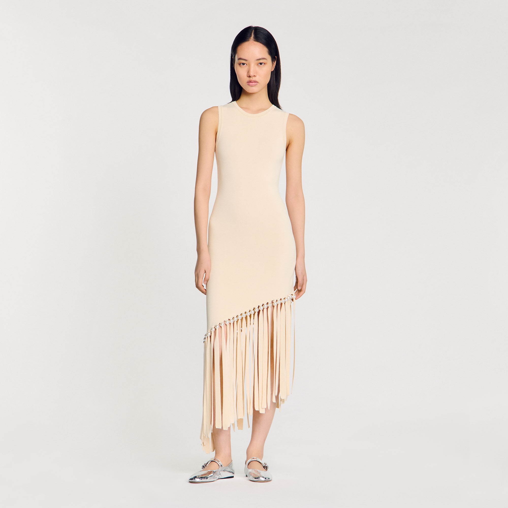 Fringed and beaded knit midi dress