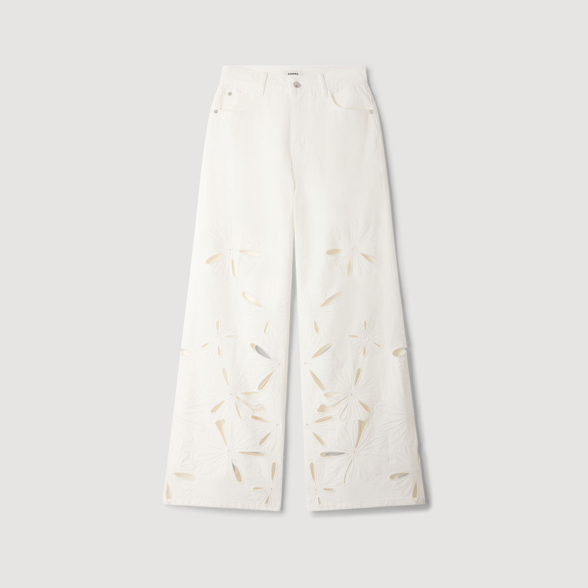 Wide-Leg Embroidered Jeans - Ecru