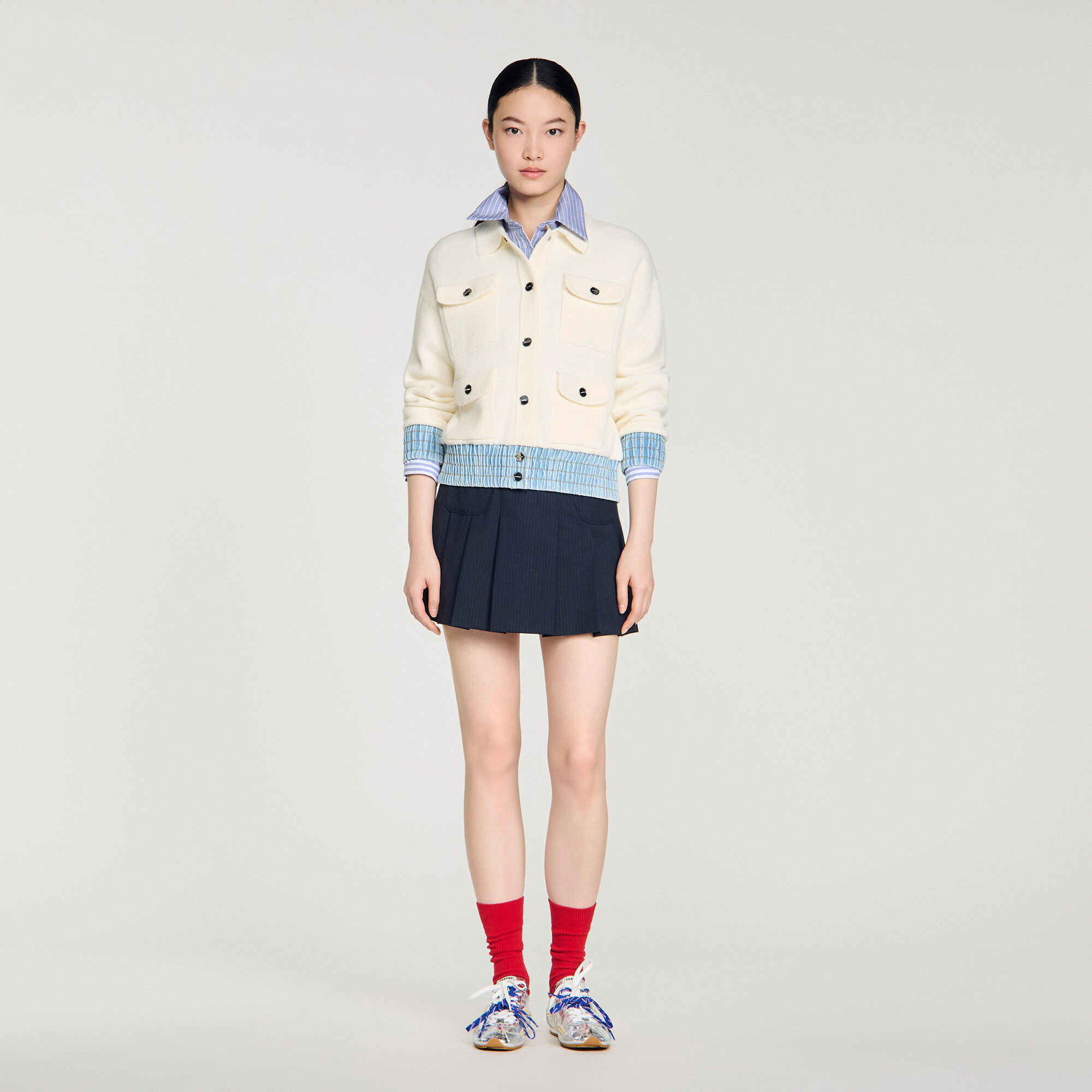 Cardigan with denim details white / beige For Women | Sandro Paris