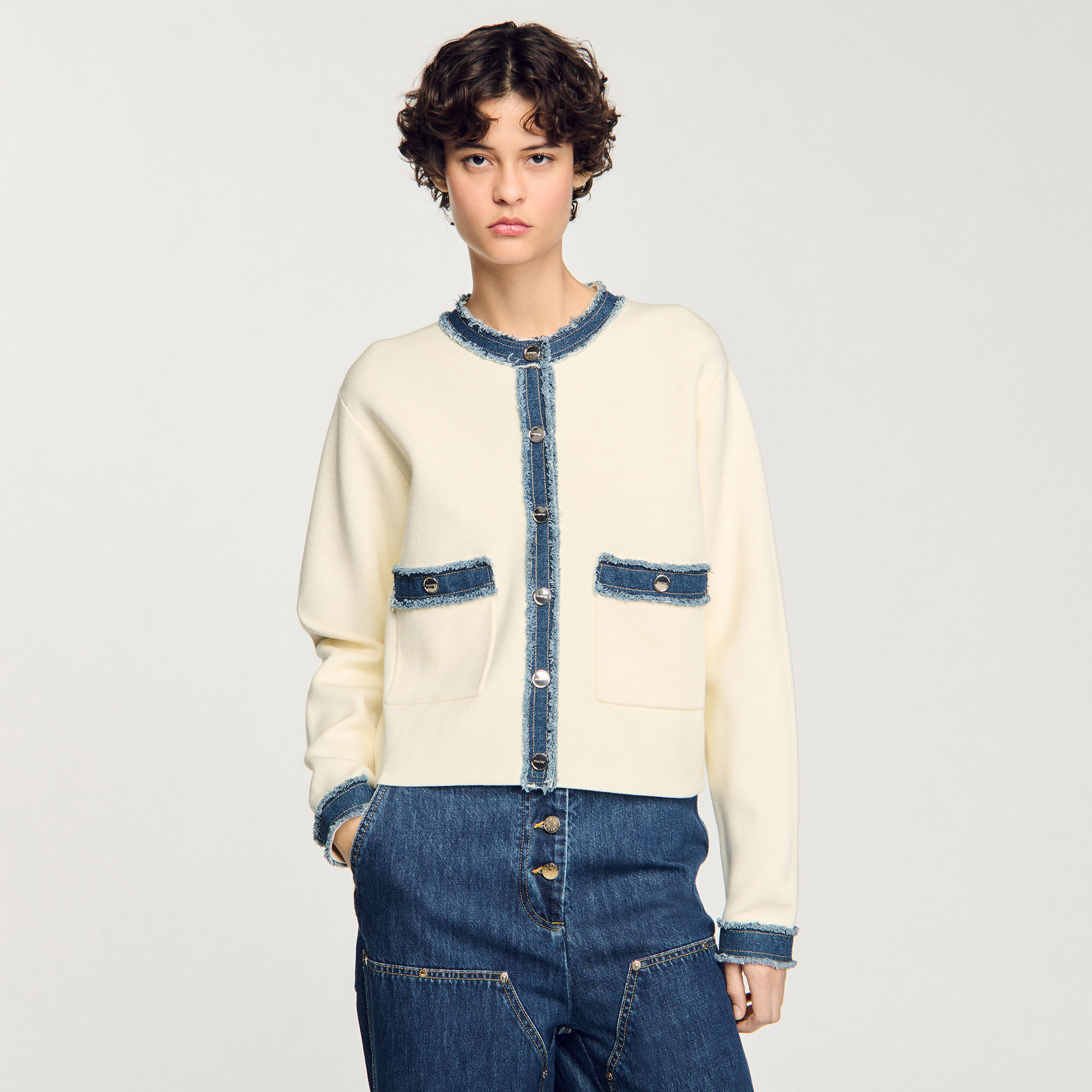 SANDRO 売れ筋商品|||サンドロ カーディガン アウター レディース Cardigans White Cardigan with denim details white / beige For Women | Sandro