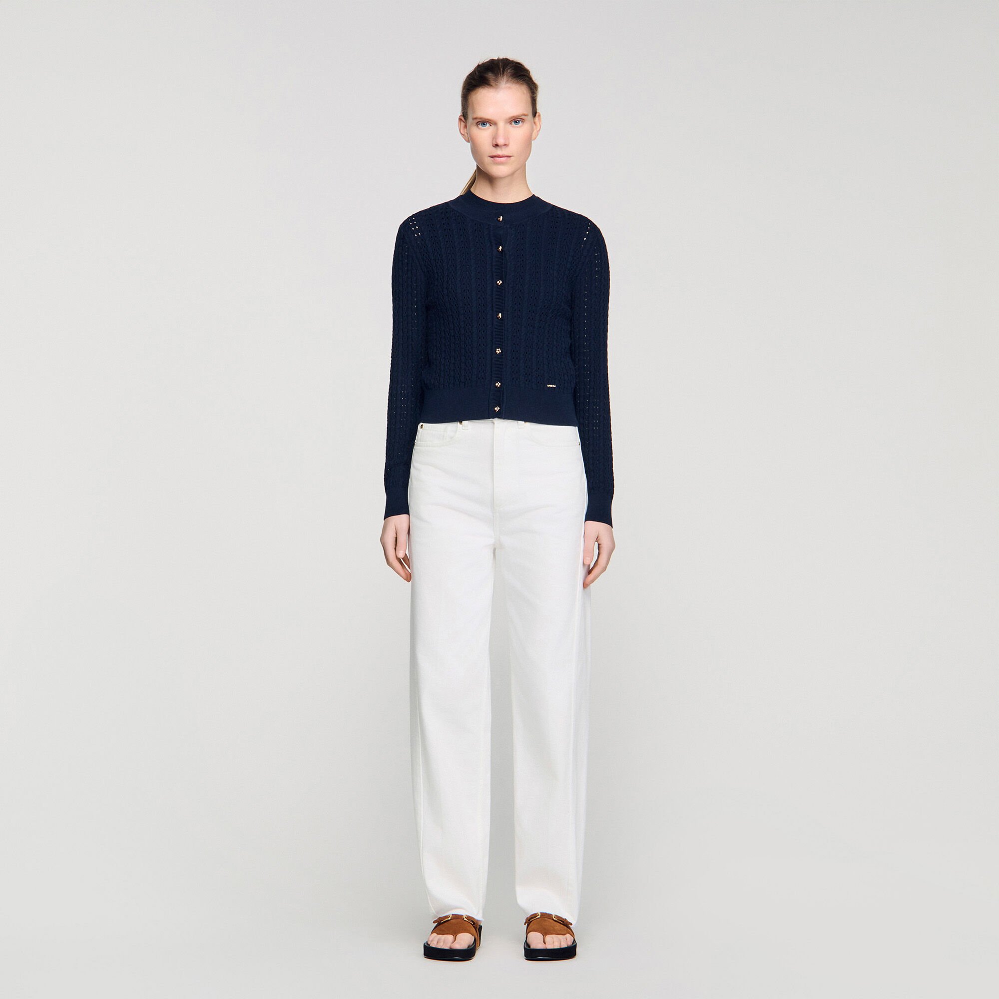 Cropped textured knit cardigan