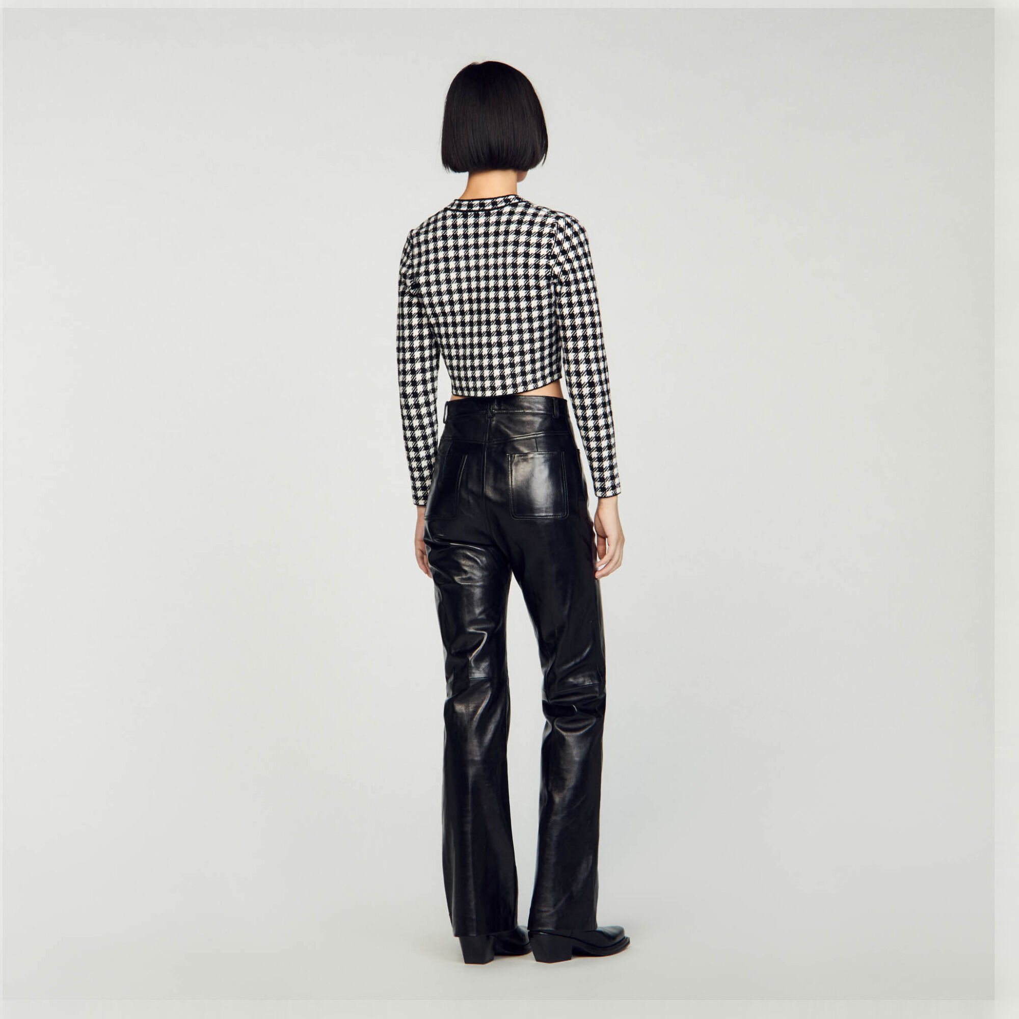 Cropped gingham knit cardigan