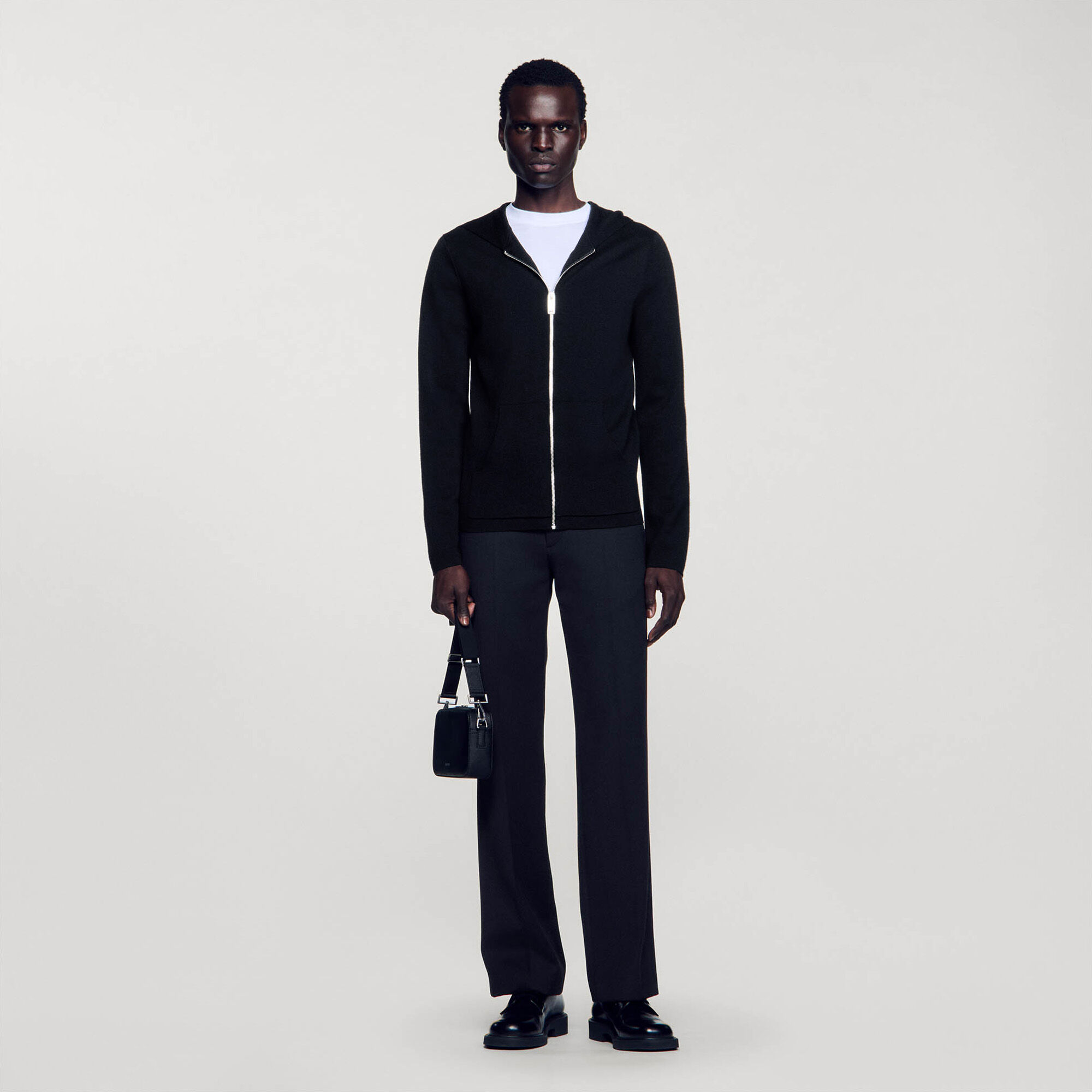 Zipped cardigan with hood black / gray for Men | Sandro Paris