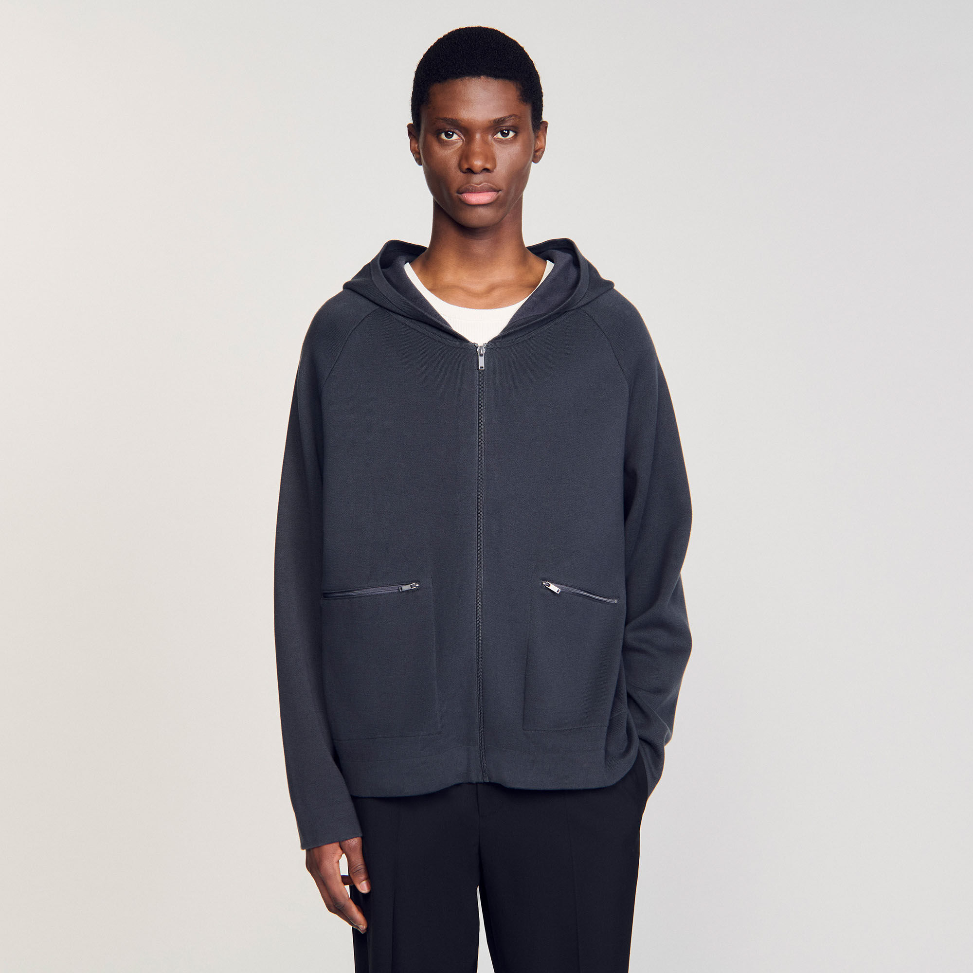 Milano knit hooded cardigan black / gray for Men | Sandro Paris