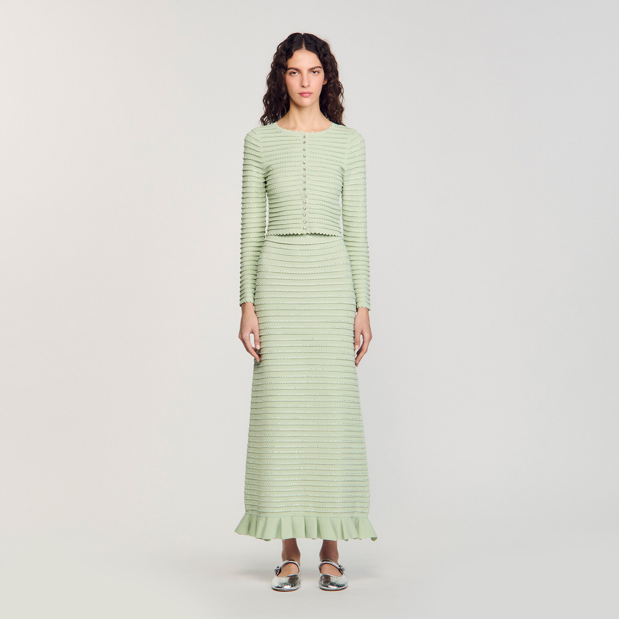 Rhinestone knit maxi skirt green For Women | Sandro Paris