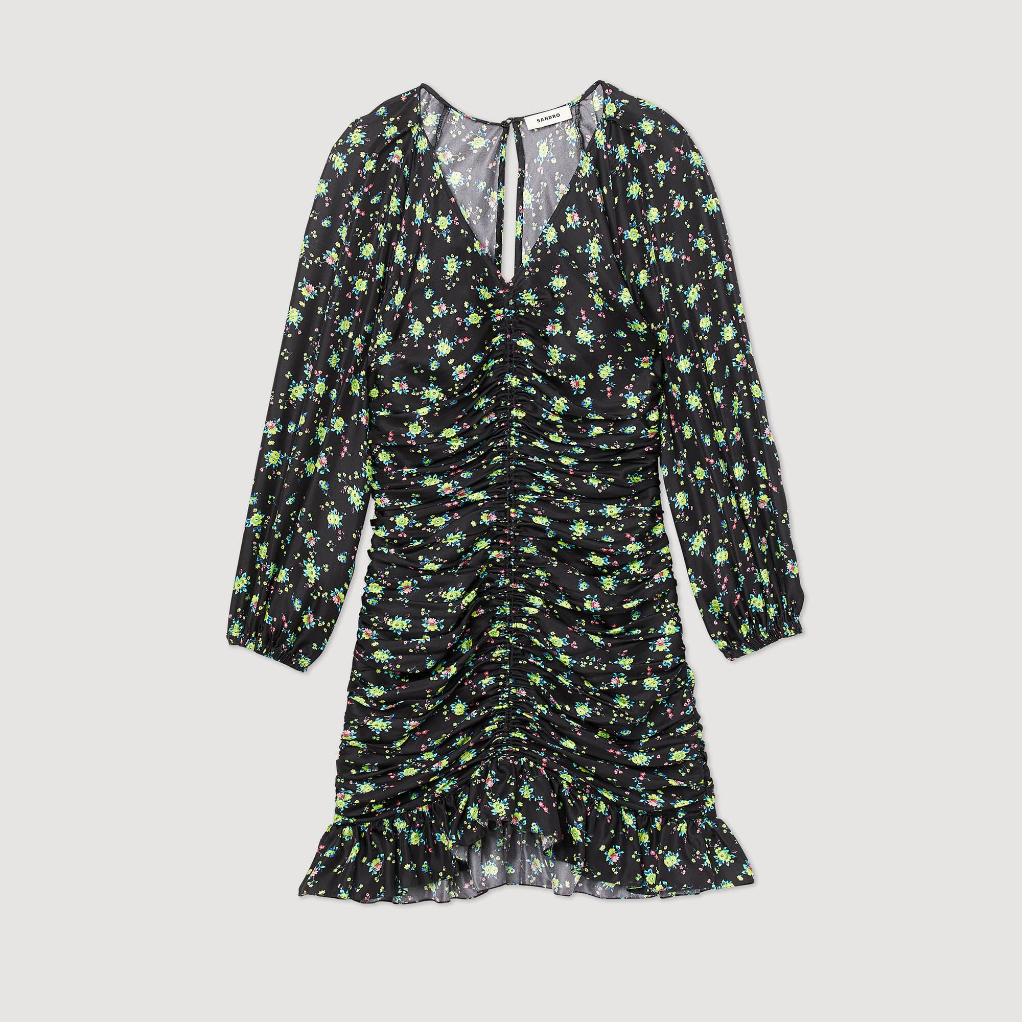 Short gathered dress with a floral print
