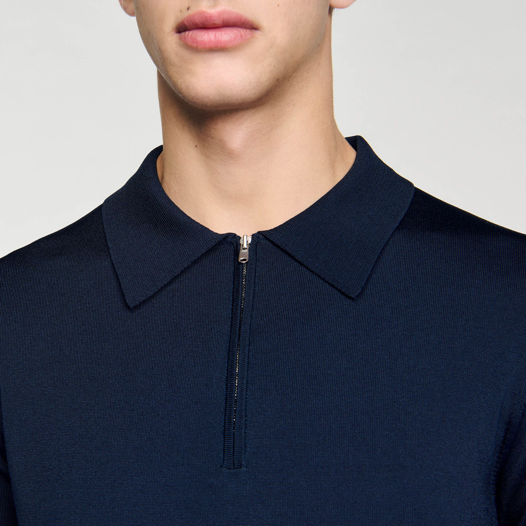 Knitted polo shirt with zip collar blue for Men | Sandro Paris