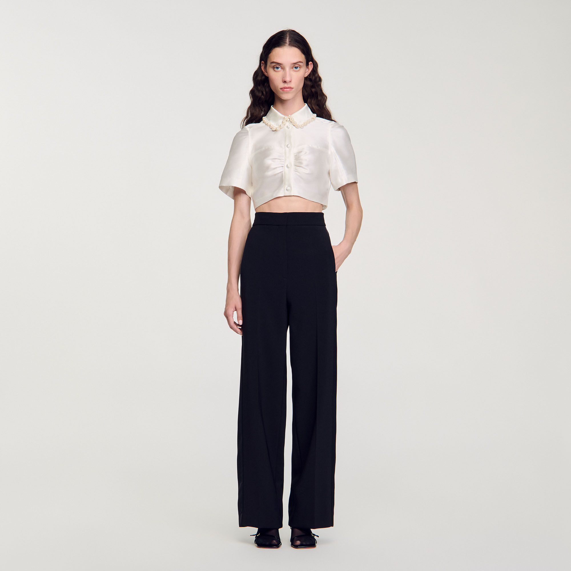 Beaded satin-effect cropped shirt