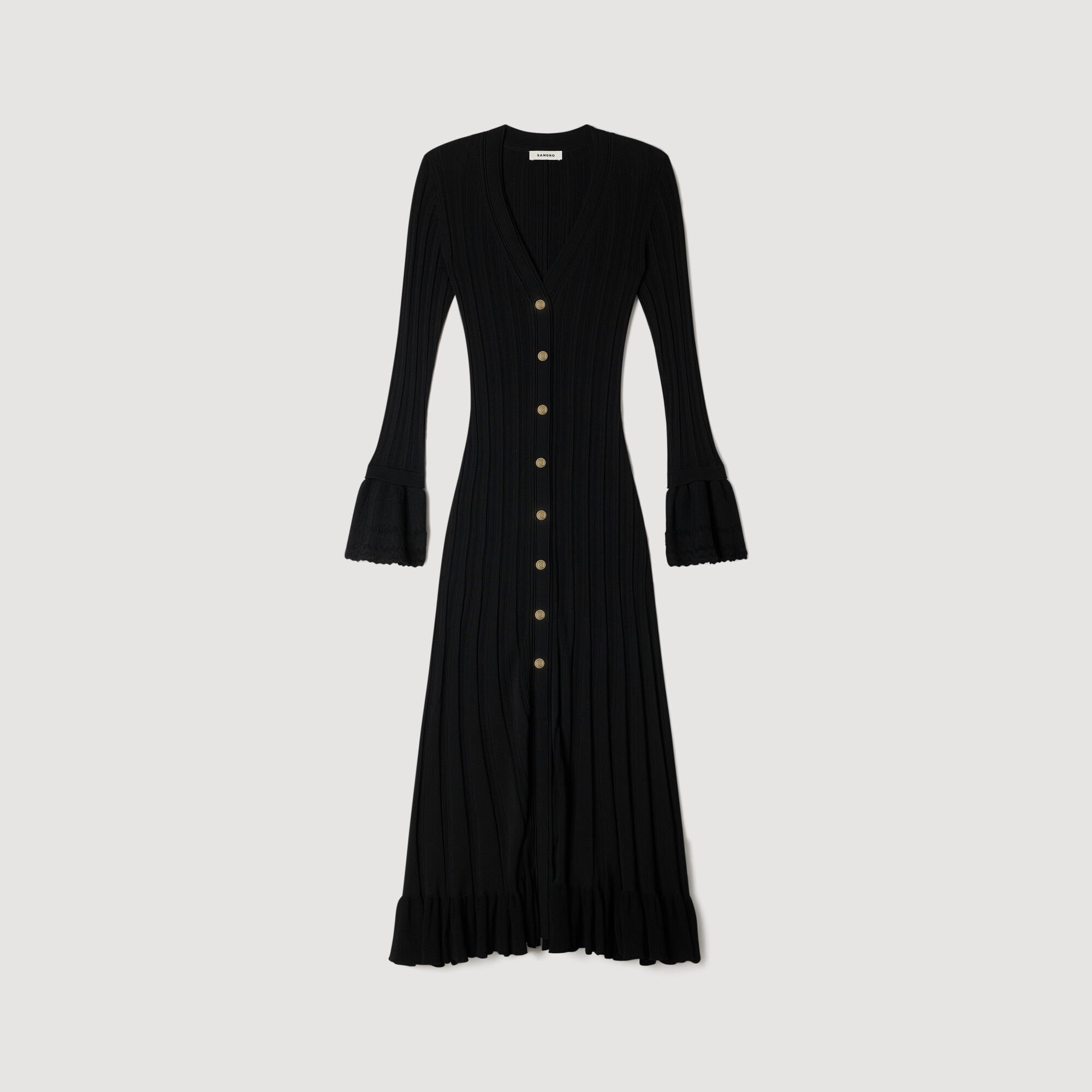 Knit maxi dress with ruffle black / gray For Women | Sandro Paris